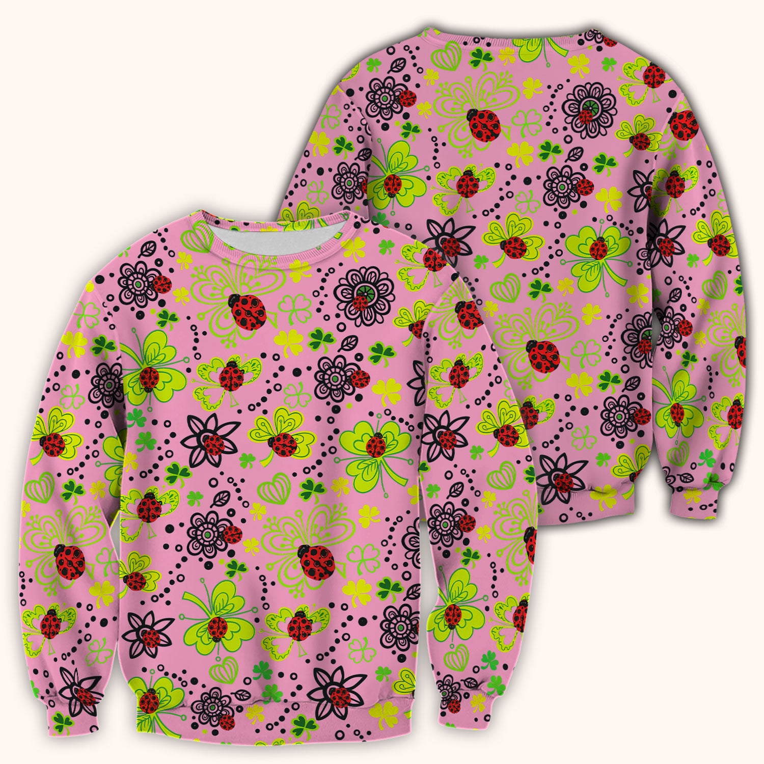 Ladybug Clover Floral Pattern Print Scrubs Nurses, Breathable Fabrics Nursing Uniform