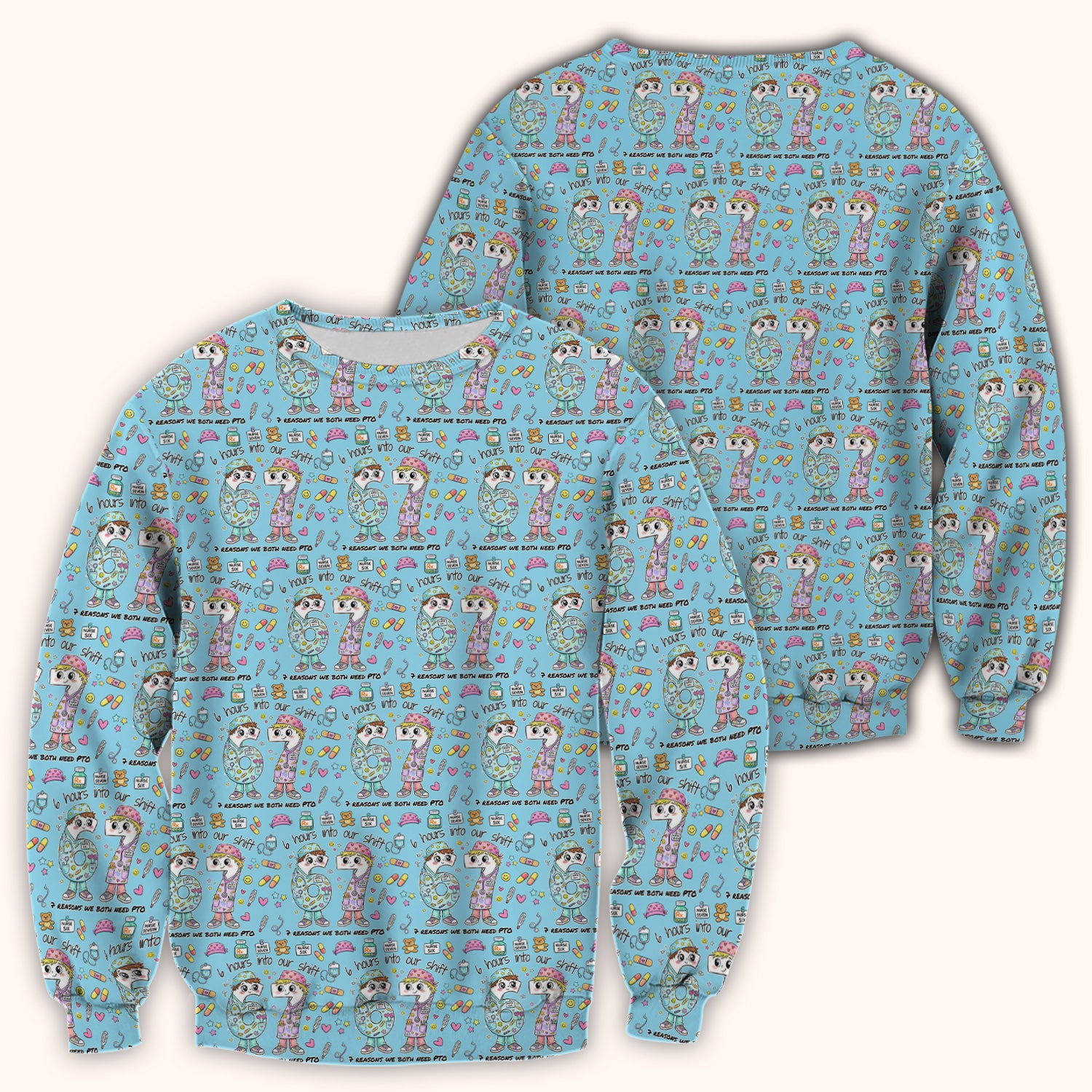 Cartoon Characters Six Hours Into Shift With Medical Doodle Scrub Top, Breathable Fabrics Nursing Uniform