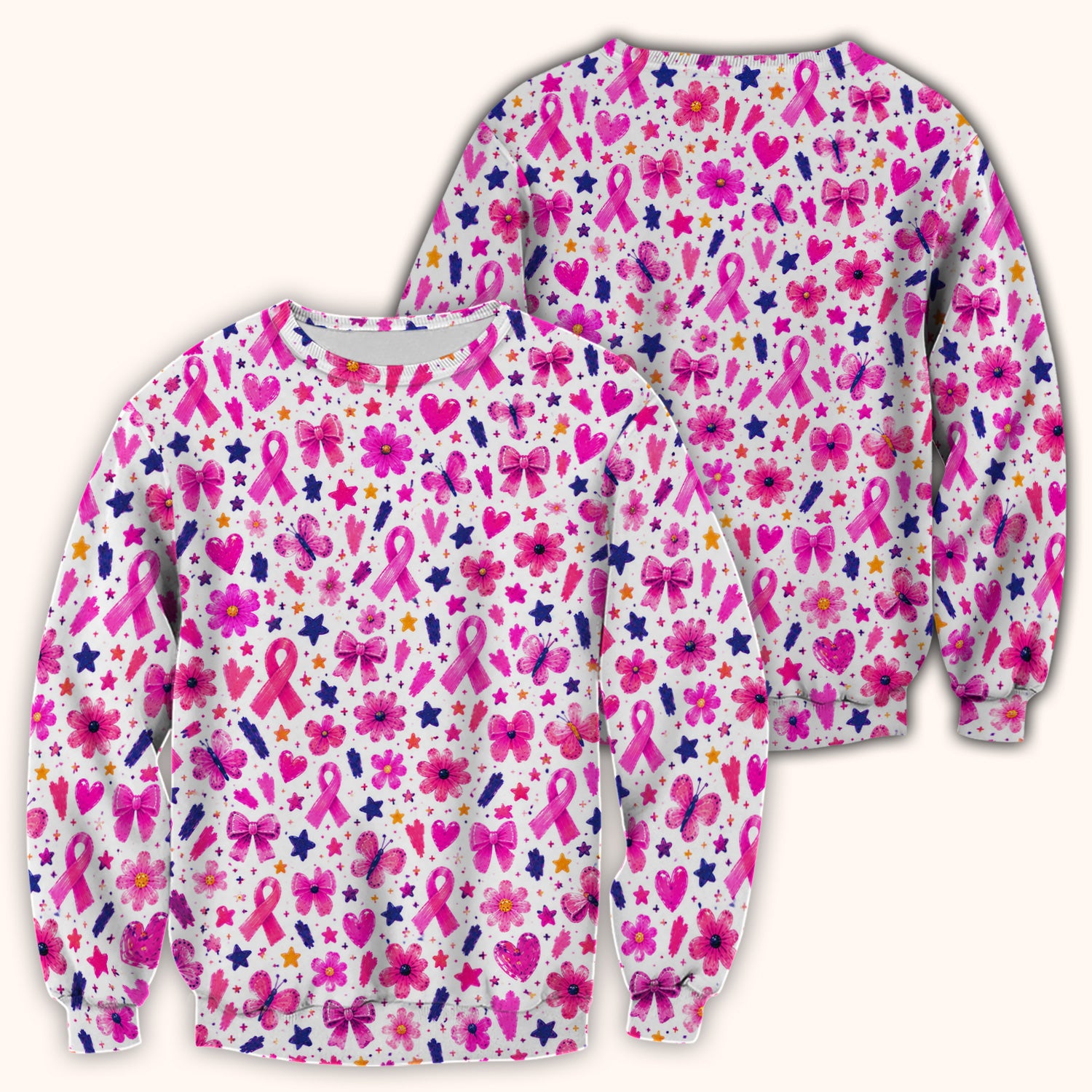 Pink Ribbon Floral Pattern Scrub Top, Comfortable Scrubs for Nurses
