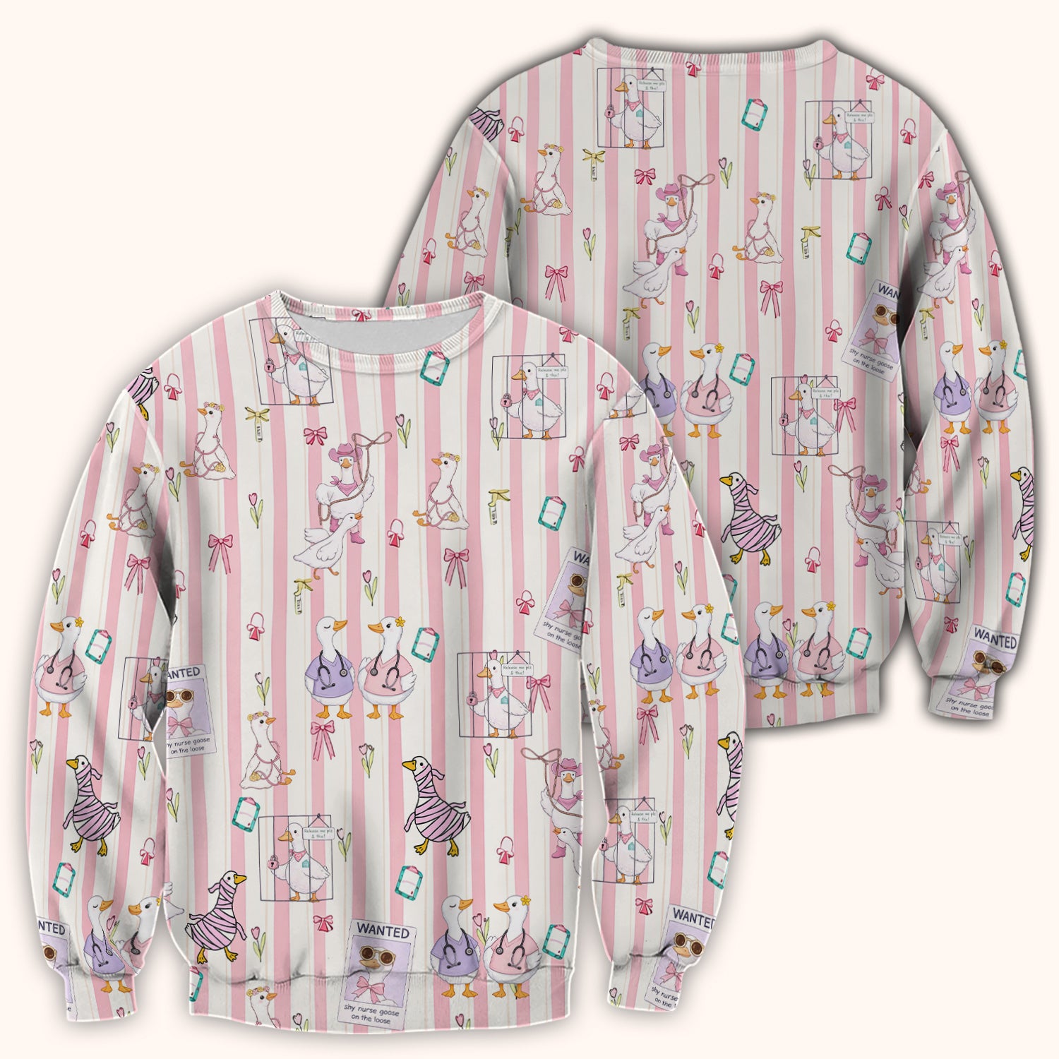 Cute Nurse Duck Stripe Pattern Scrub Top, Comfortable Scrubs for Nurses