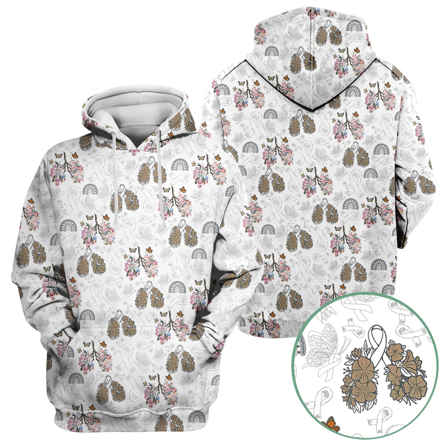 Lung Cancer Awareness Nurse Scrub Top - White Ribbon Butterfly Floral Medical Uniform - Comfortable V-Neck Nursing Shirt Gift