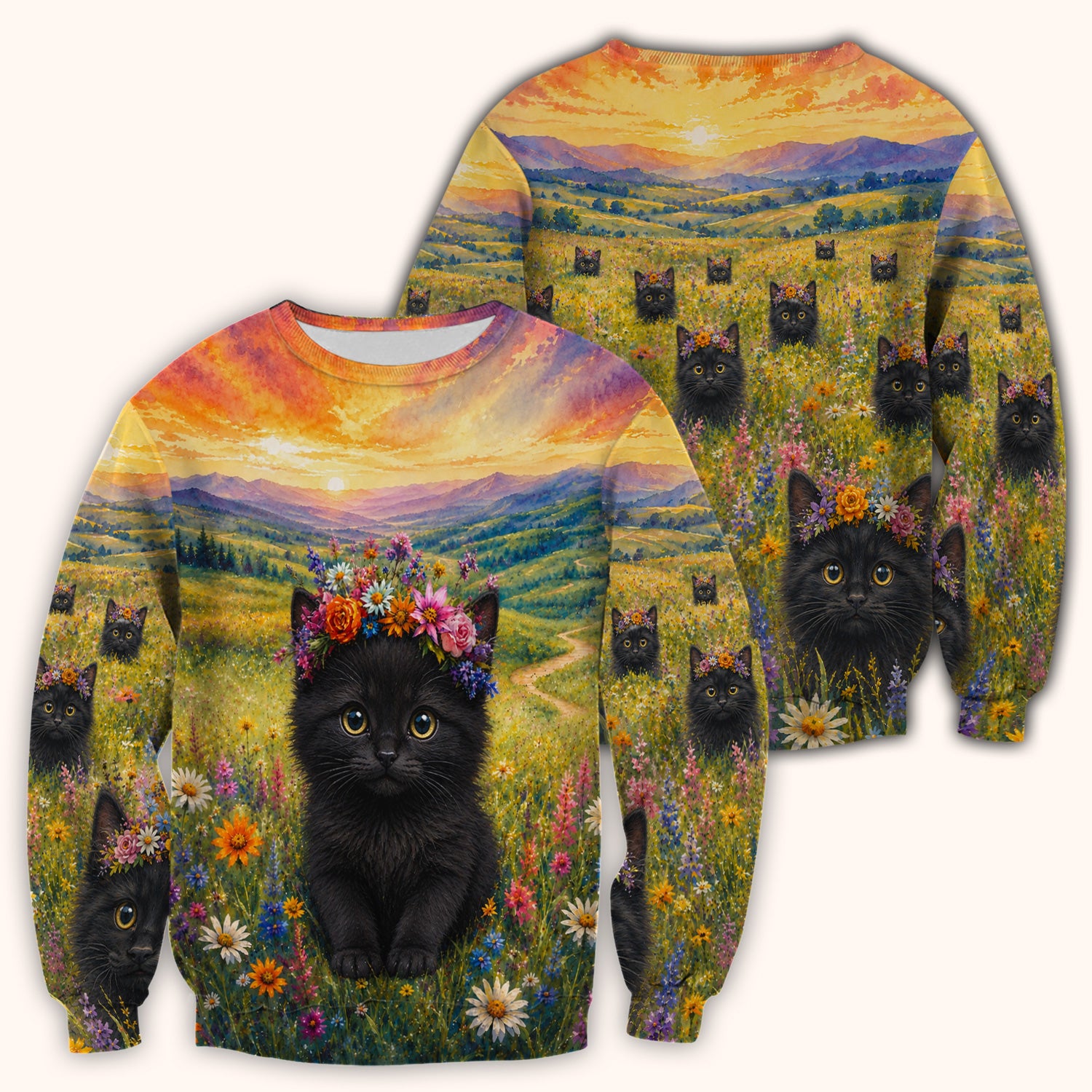 Black Kitten Flower Meadow Nurse Scrub Top for RN, CNA, Veterinary Staff, Cat Lover Uniform