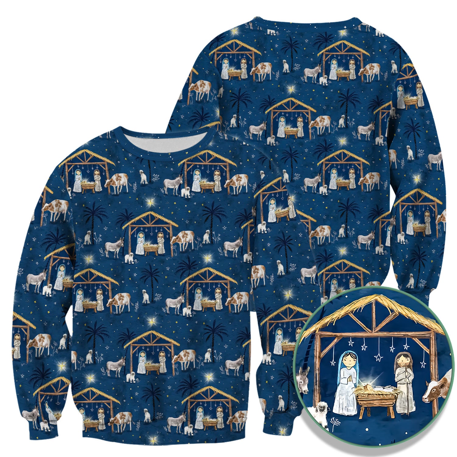 Christmas Nativity Scrub Top for Women - Holy Night Manger Scene - Religious Holiday Nursing Uniform Shirt