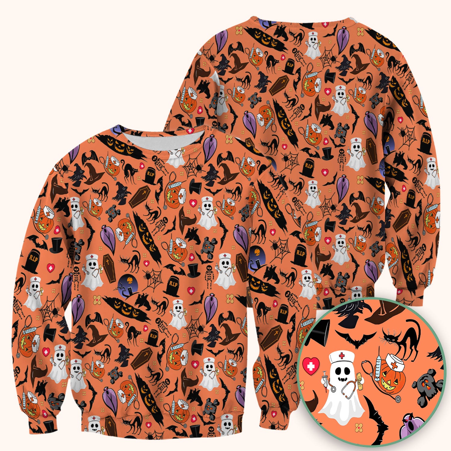 Spooky Halloween Scrub Top - Pumpkin Ghost Bat Nurse Shirt - Wicked Witch Medical Uniform for Women RN CNA LPN
