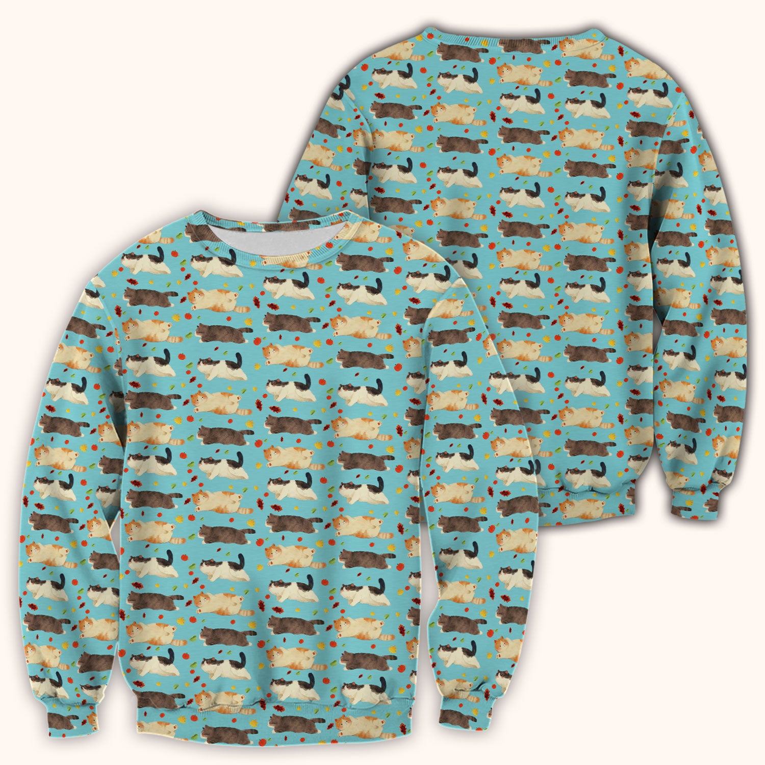 Chubby Cat Autumn Leaves Print Scrub Top, Breathable Fabrics Nursing Uniform
