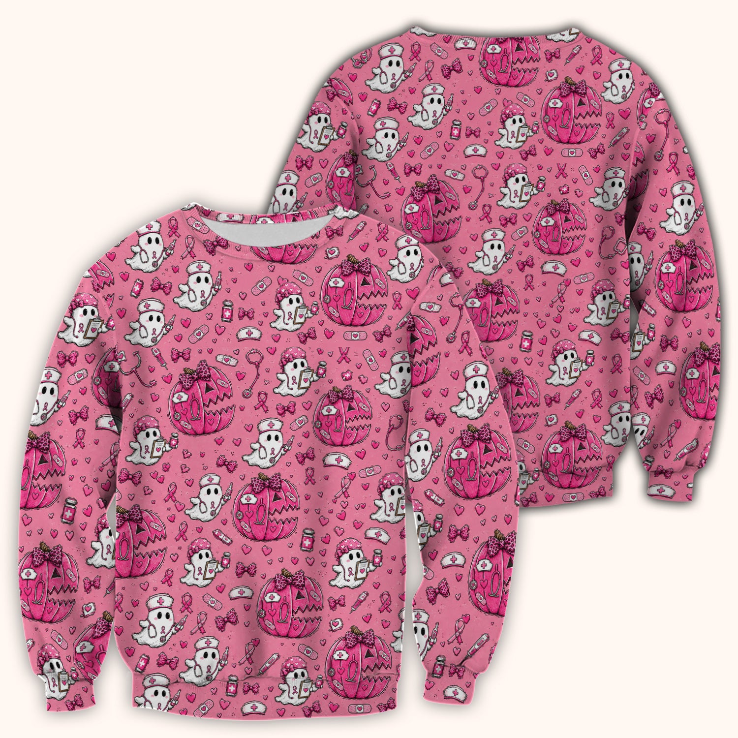 Pink Ribbon Ghost Pattern Scrub Top, Comfortable Scrubs for Nurses