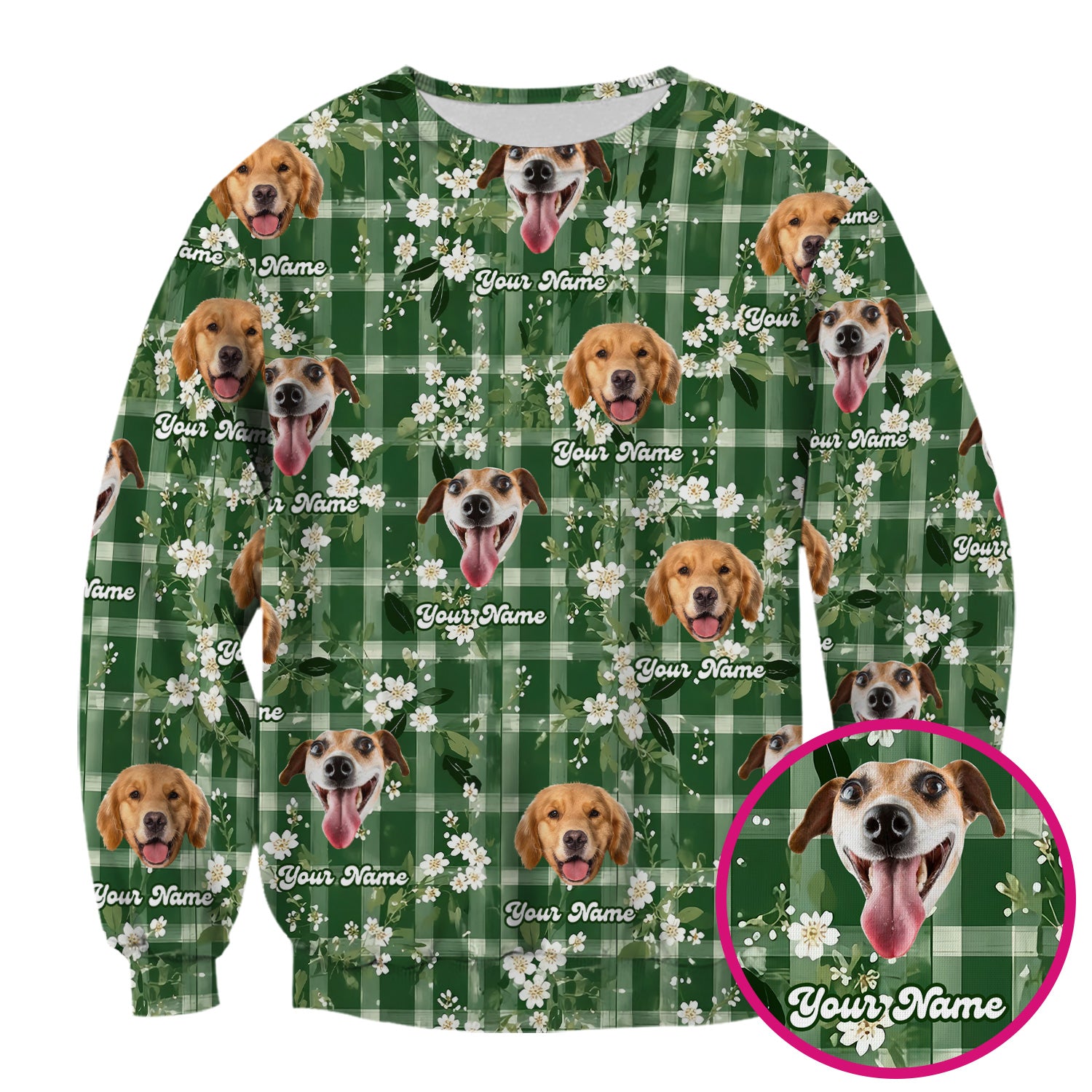Custom Dog Face Scrub Top, Dog Green Plaid Floral Pattern Shirt, Comfortable Scrubs for Nurses