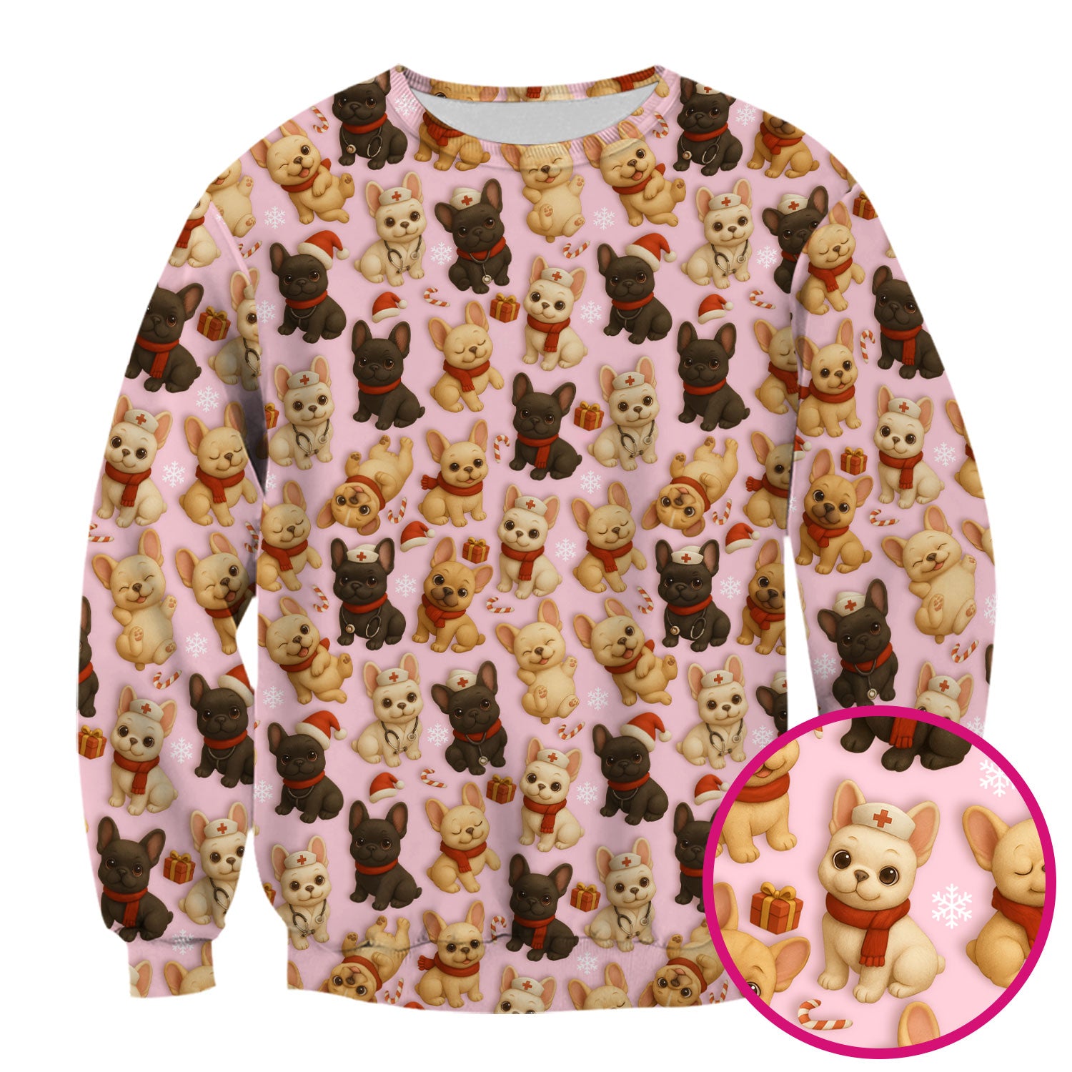 French Bulldog Scrubs Christmas Top for Nurses - Cute Holiday Dog Pattern with Gifts, Candy Canes & Nurse Icons - Festive Christmas Scrubs Shirt for Women