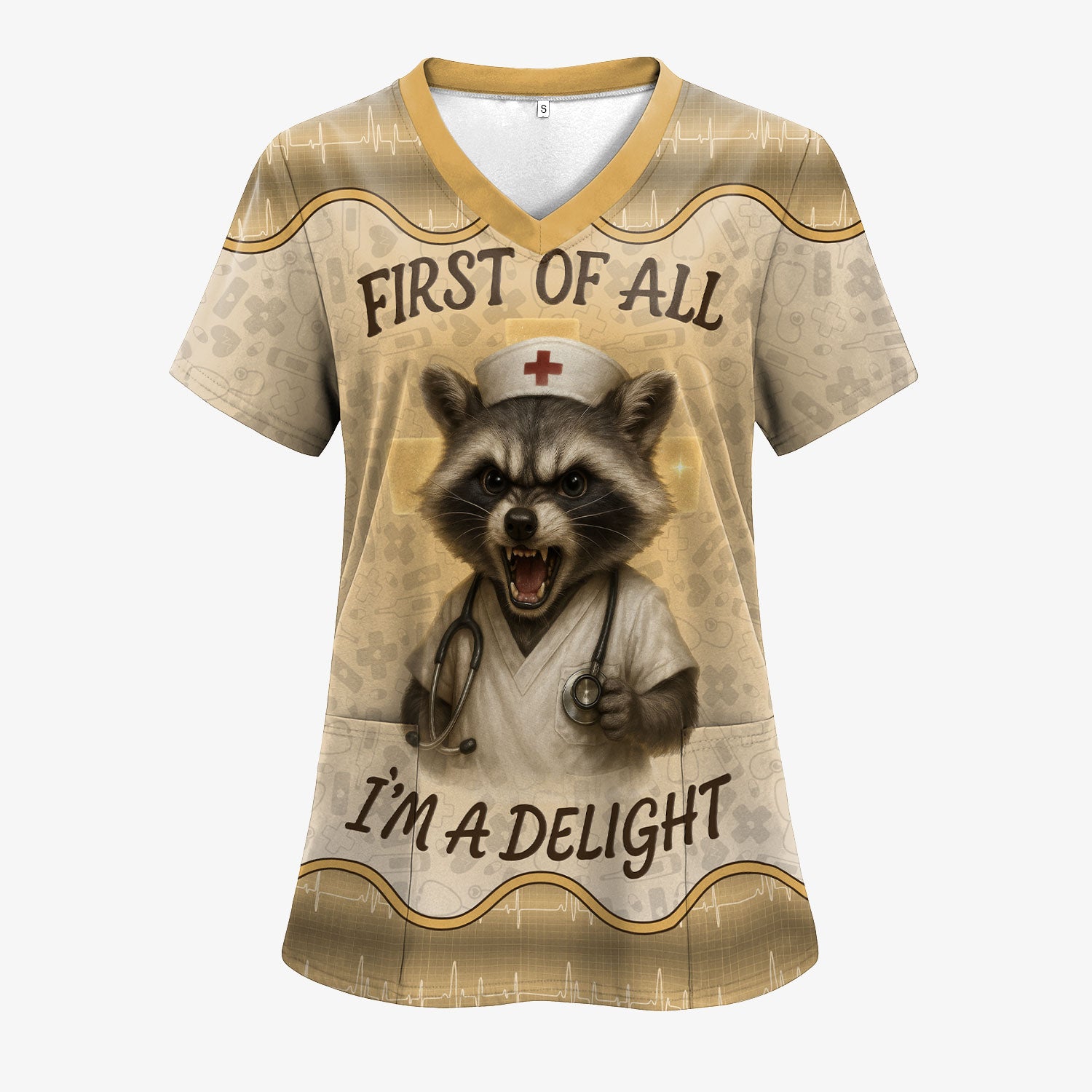 Funny Nurse Shirt with Raccoon - First Of All I'm A Delight - Personalized with Name - Cute Gift for RN CNA LPN Women in Healthcare