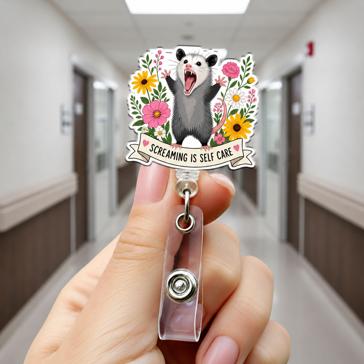 Funny Opossum Badge Reel, Screaming Is Self Care Nurse Badge Holder, Gift for Nurses Accessory, Teach, Doctor, Mental Health