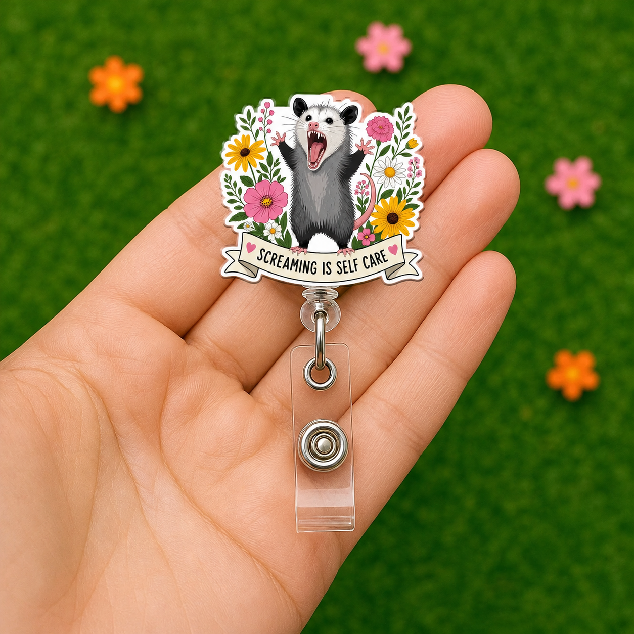 Funny Opossum Badge Reel, Screaming Is Self Care Nurse Badge Holder, Gift for Nurses Accessory, Teach, Doctor, Mental Health