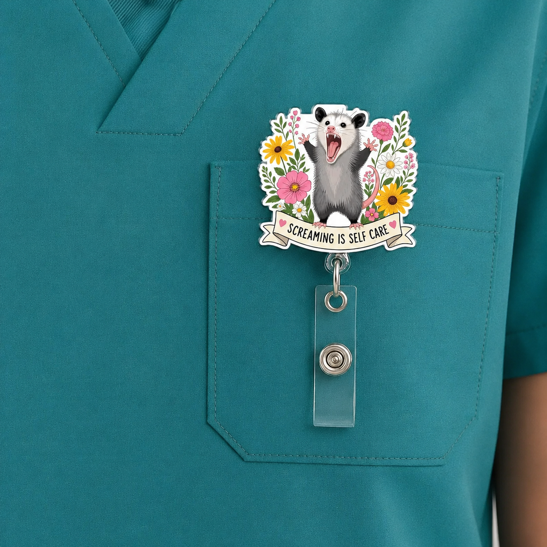 Funny Opossum Badge Reel, Screaming Is Self Care Nurse Badge Holder, Gift for Nurses Accessory, Teach, Doctor, Mental Health