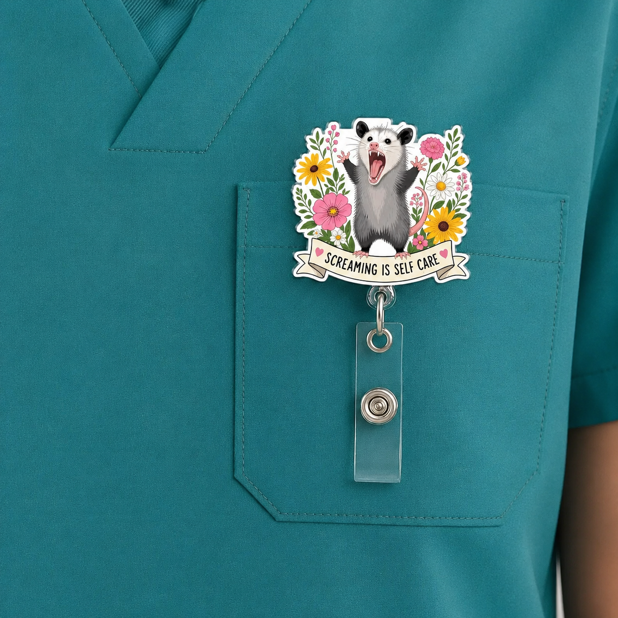 Funny Opossum Badge Reel, Screaming Is Self Care Nurse Badge Holder, Gift for Nurses Accessory, Teach, Doctor, Mental Health