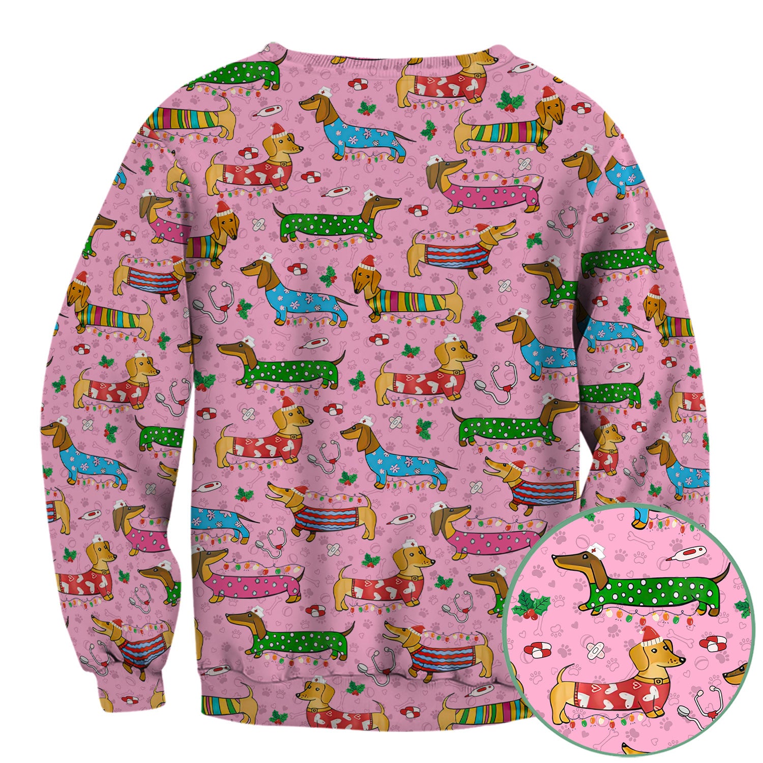Christmas Dachshund Nurse Scrub Top - Cute Wiener Dog in Holiday Outfit - Funny Medical Shirt Gift for Women RN LPN CNA