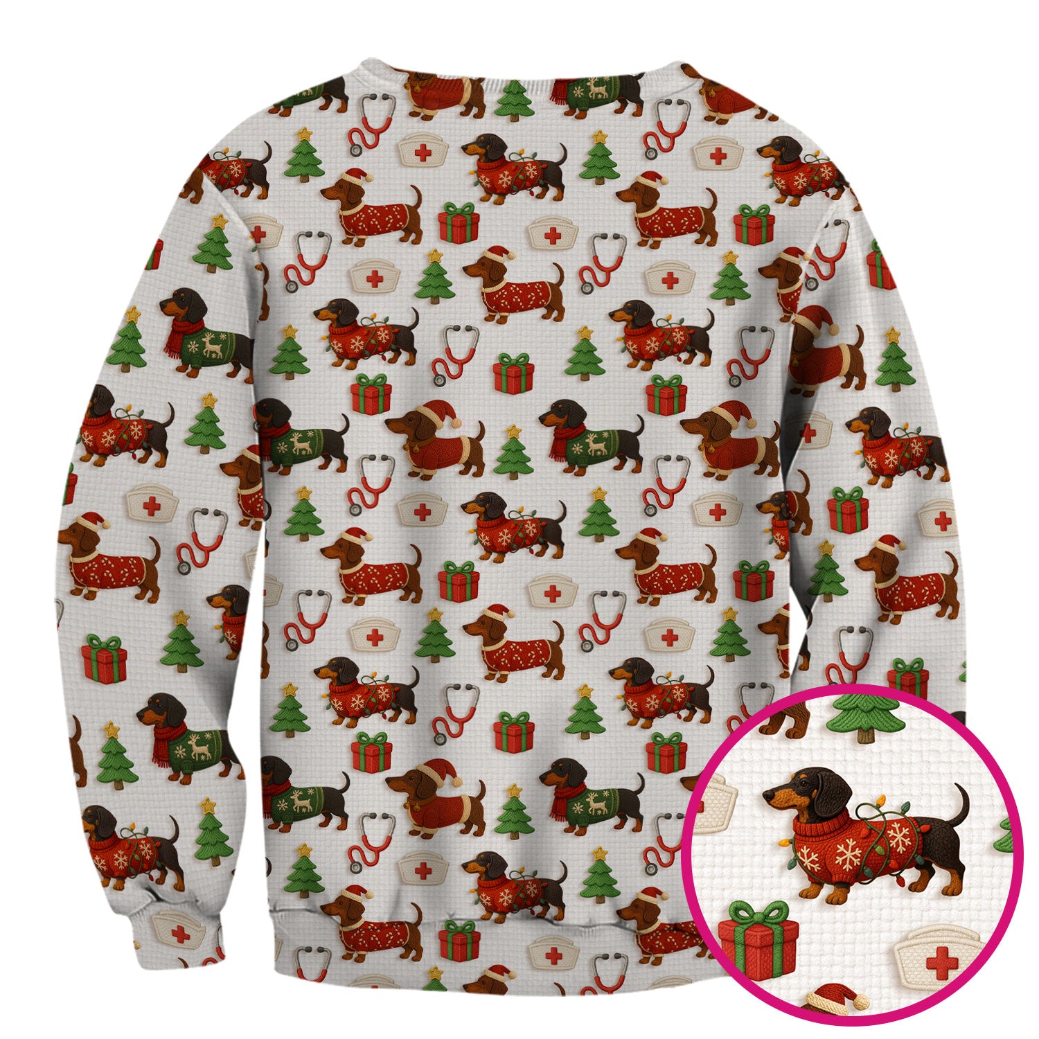 Custom Nurse Scrubs for Women - Dachshund Dog Christmas Print with Gifts & Holiday Tree - Multi Color Nursing Shirt Gift Idea