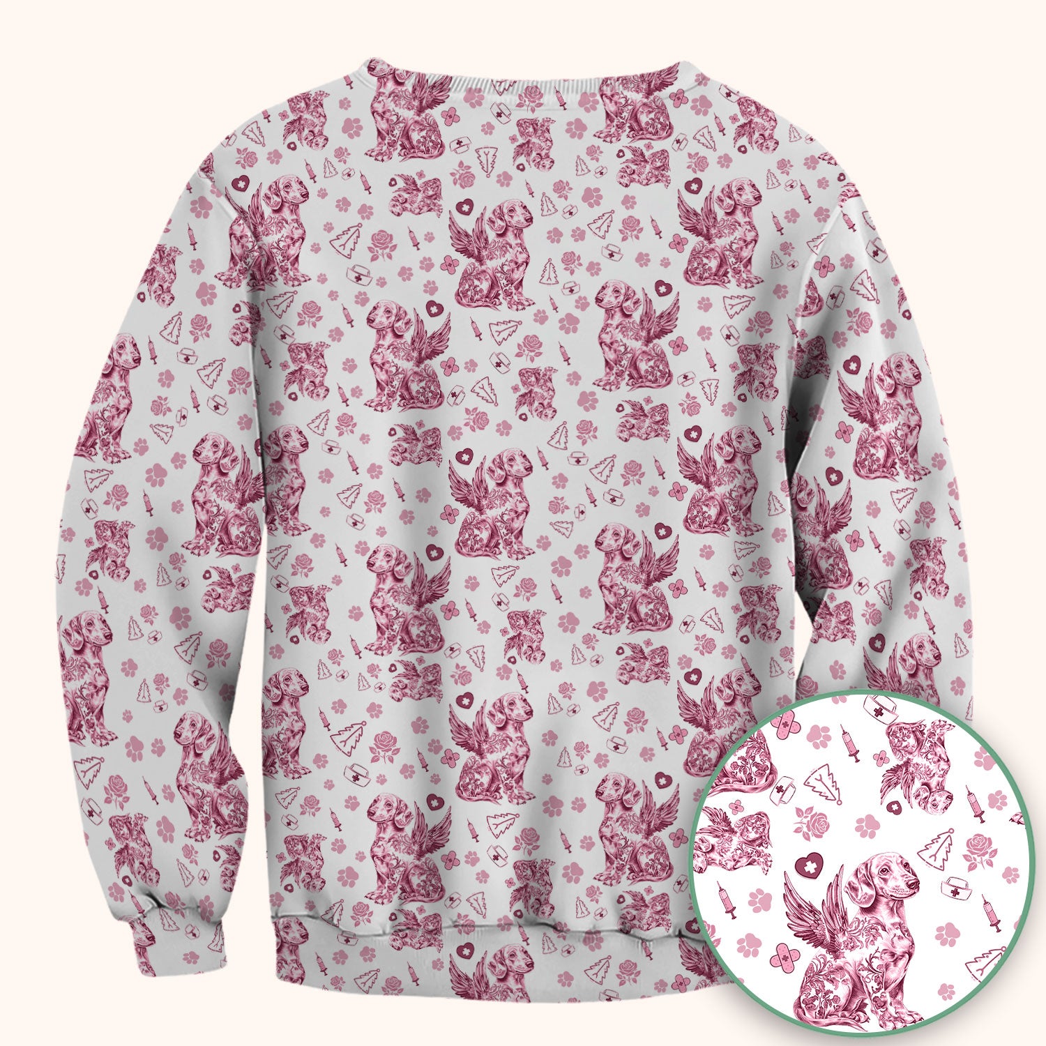 Toile de Jouy Dachshund Angel Scrub Top - Blue Vintage Dog Nurse Shirt - Memorial Christmas Gift