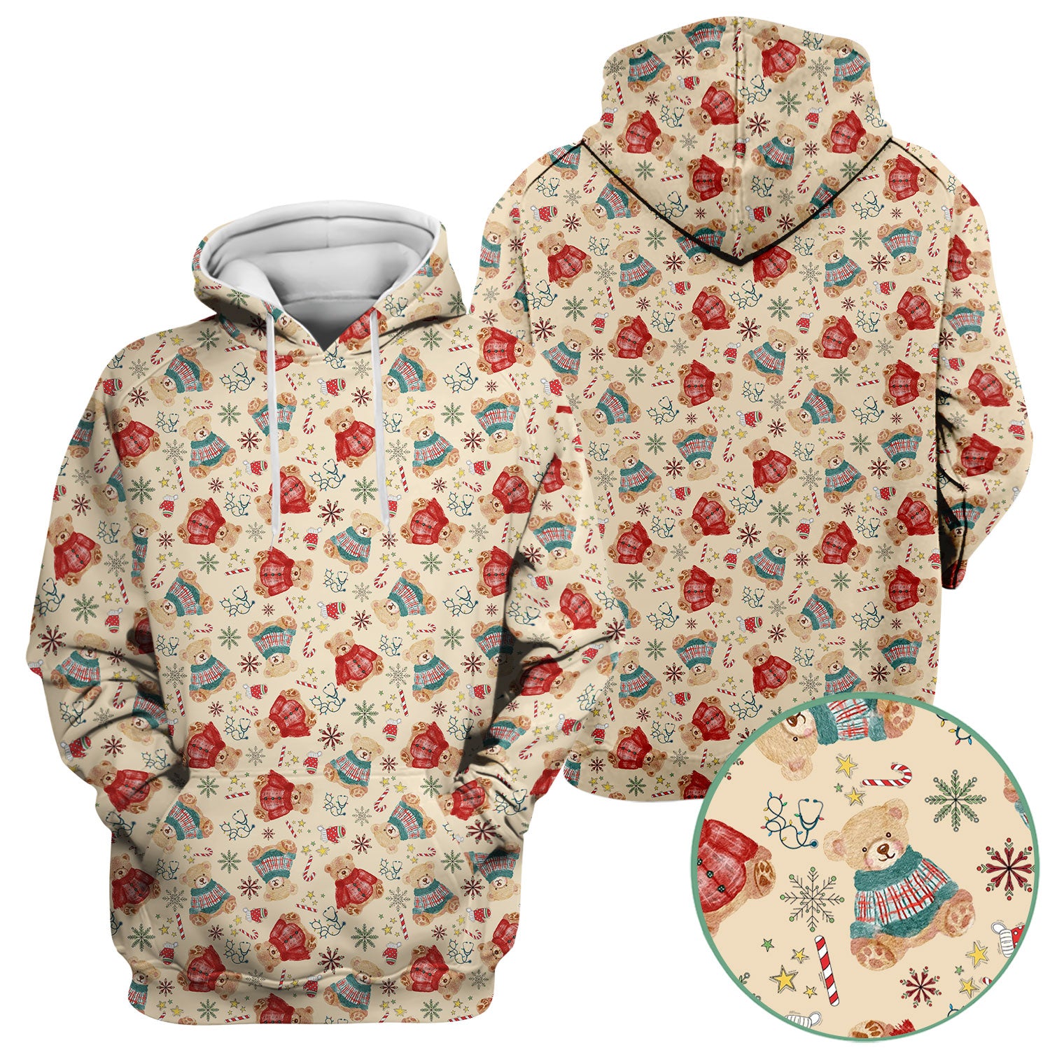 Christmas Bear Scrub Top - Cute Holiday Teddy Print Scrubs for Nurses - Funny Xmas Medical Scrub Shirt Gift for Women CNA RN