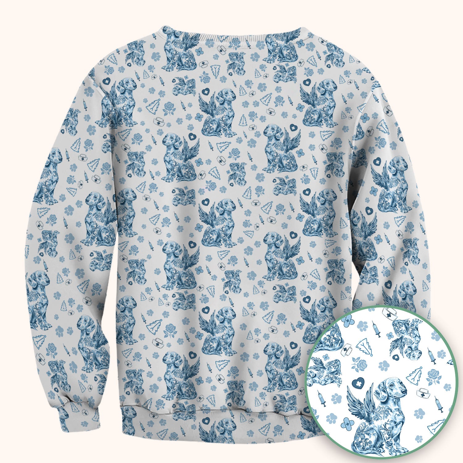 Toile de Jouy Dachshund Angel Scrub Top - Blue Vintage Dog Nurse Shirt - Memorial Christmas Gift