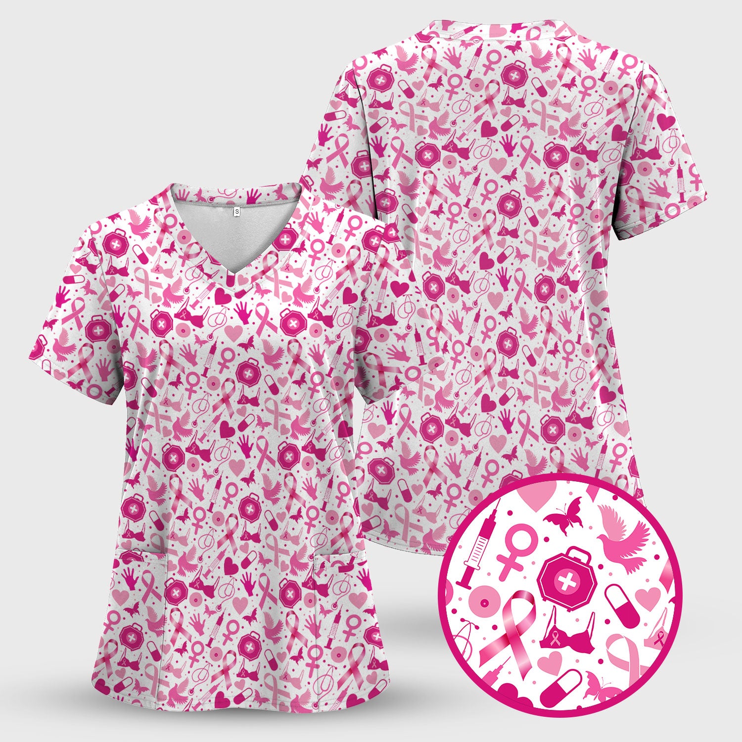 Breast Cancer Awareness Shirt - Pink Ribbon & Nurse Icons Pattern - Gift for RN LPN Healthcare Workers
