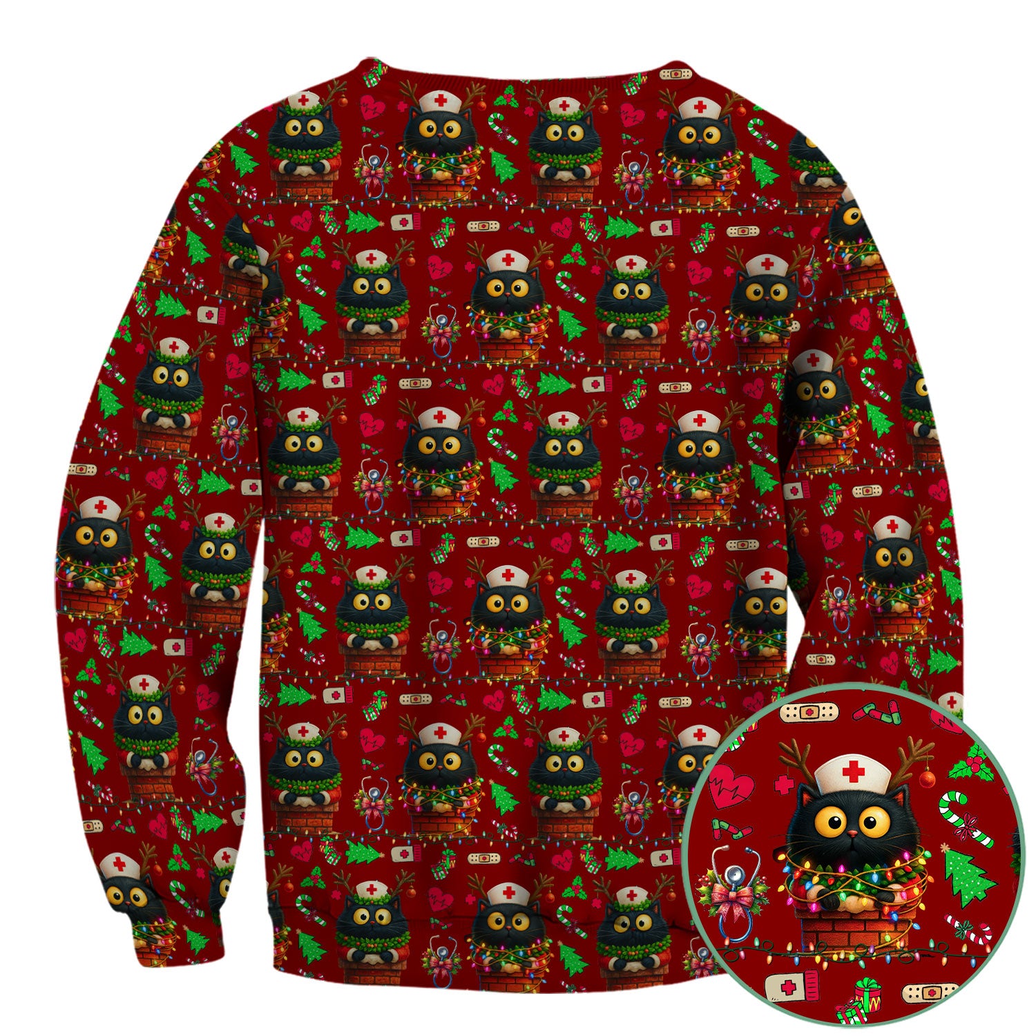 Christmas Black Cat Scrub Top for Nurse - Cute Reindeer Cat with Xmas Lights - Festive Holiday Medical Uniform for Women