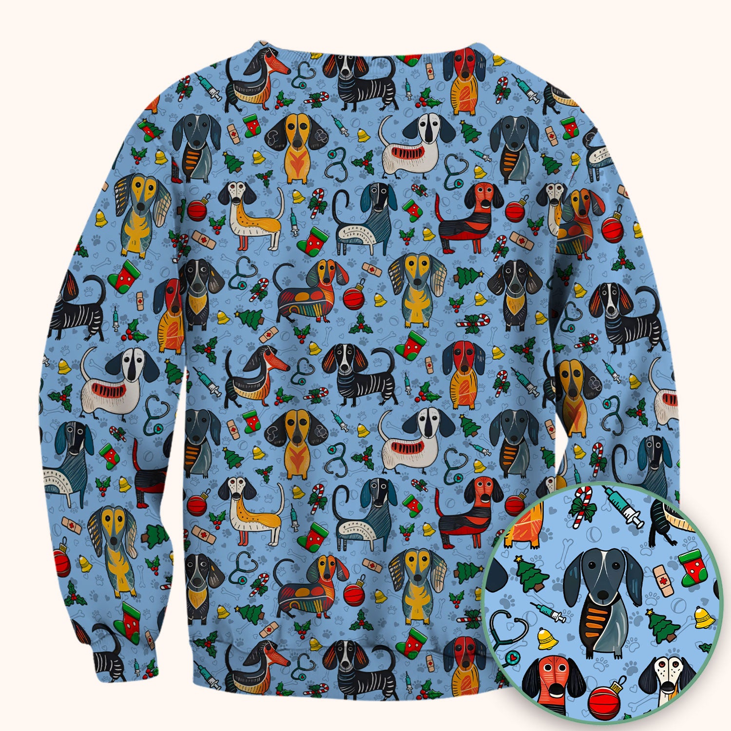 Christmas Wiener Dog Scrub Top - Funny Sausage Dog Nurse Shirt for Women - Holiday Medical Uniform