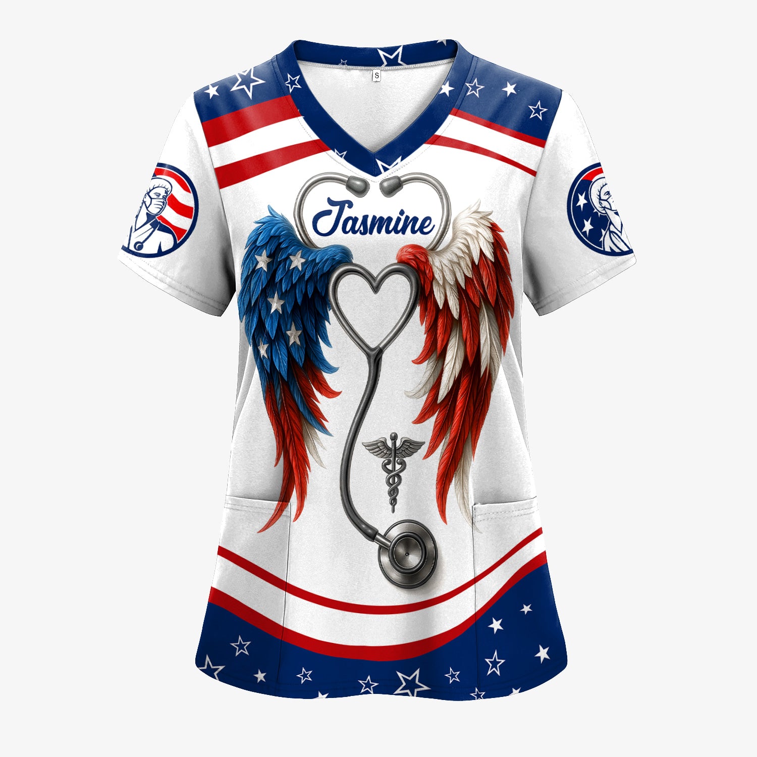 Personalized Nurse Shirt - American Flag Angel Wings & Scrubs Design - Patriotic Gift for RN LPN CNA Women