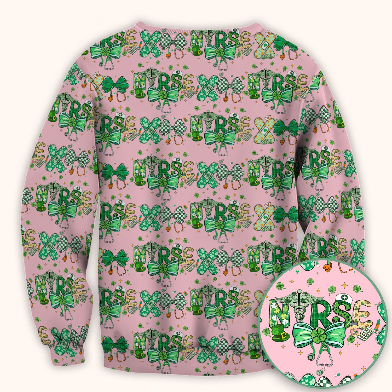 St. Patrick’s Nurse Scrub Top, Lucky Clover And Green Bow Pattern Nurse Shirt, Breathable Fabrics Nursing Uniform