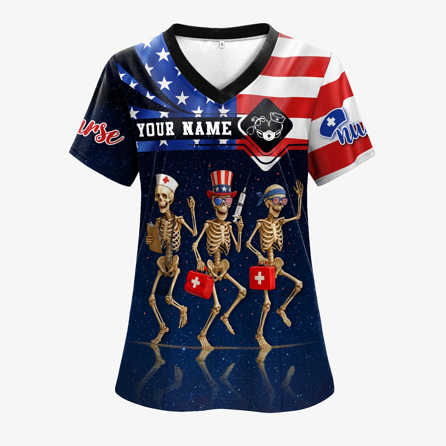 Personalized 4th of July Nurse Scrub Top - Funny Skeleton Scrubs for Women RN CNA LPN - Custom Name Medical Uniform Gift for Healthcare Workers USA Pride