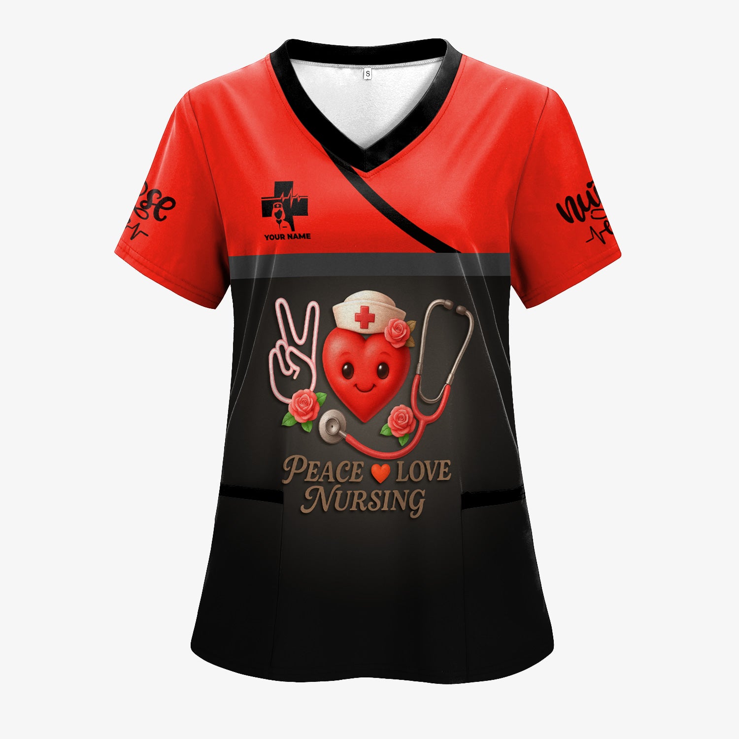 Personalized Nurse Scrubs with Heart Design - Peace Love Nursing - Custom RN CNA LPN Scrubs Gift for Women