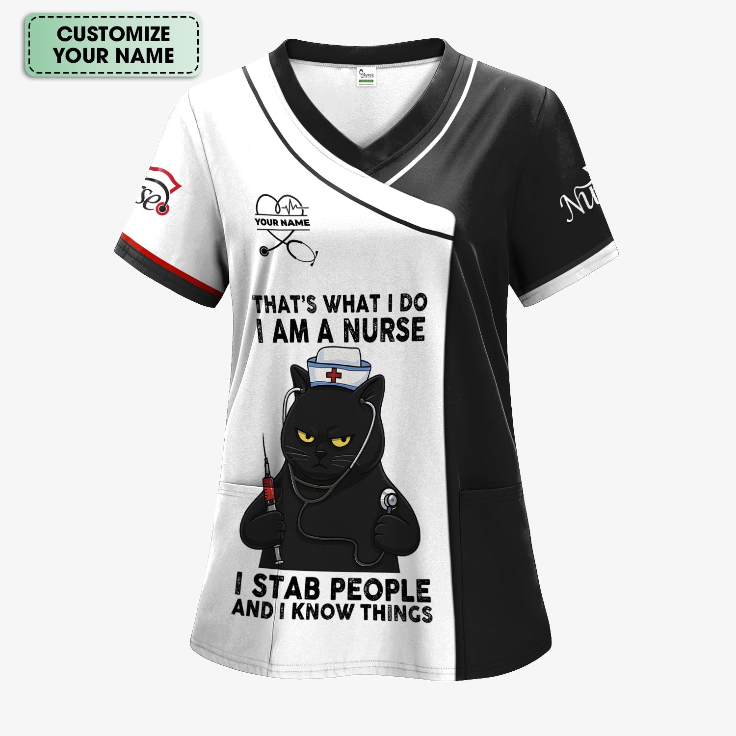Custom Name Funny Nurse Scrub Top - I Stab People And I Know Things Sarcastic Quote - Gift for Women RN LPN & Healthcare Workers
