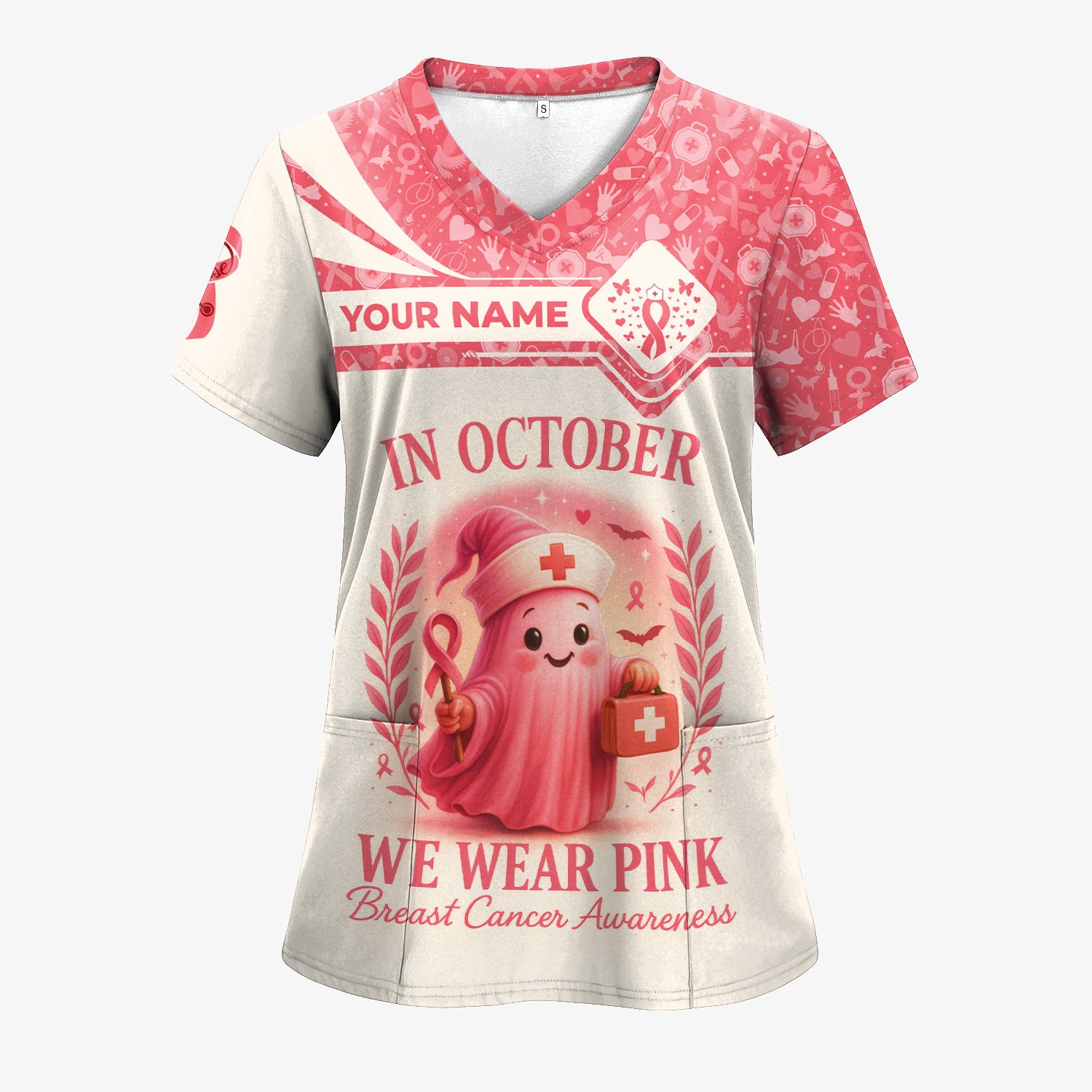 Personalized In October We Wear Pink Shirt - Breast Cancer Awareness Scrub Top - Cute Nurse Uniform Tee with Custom Name