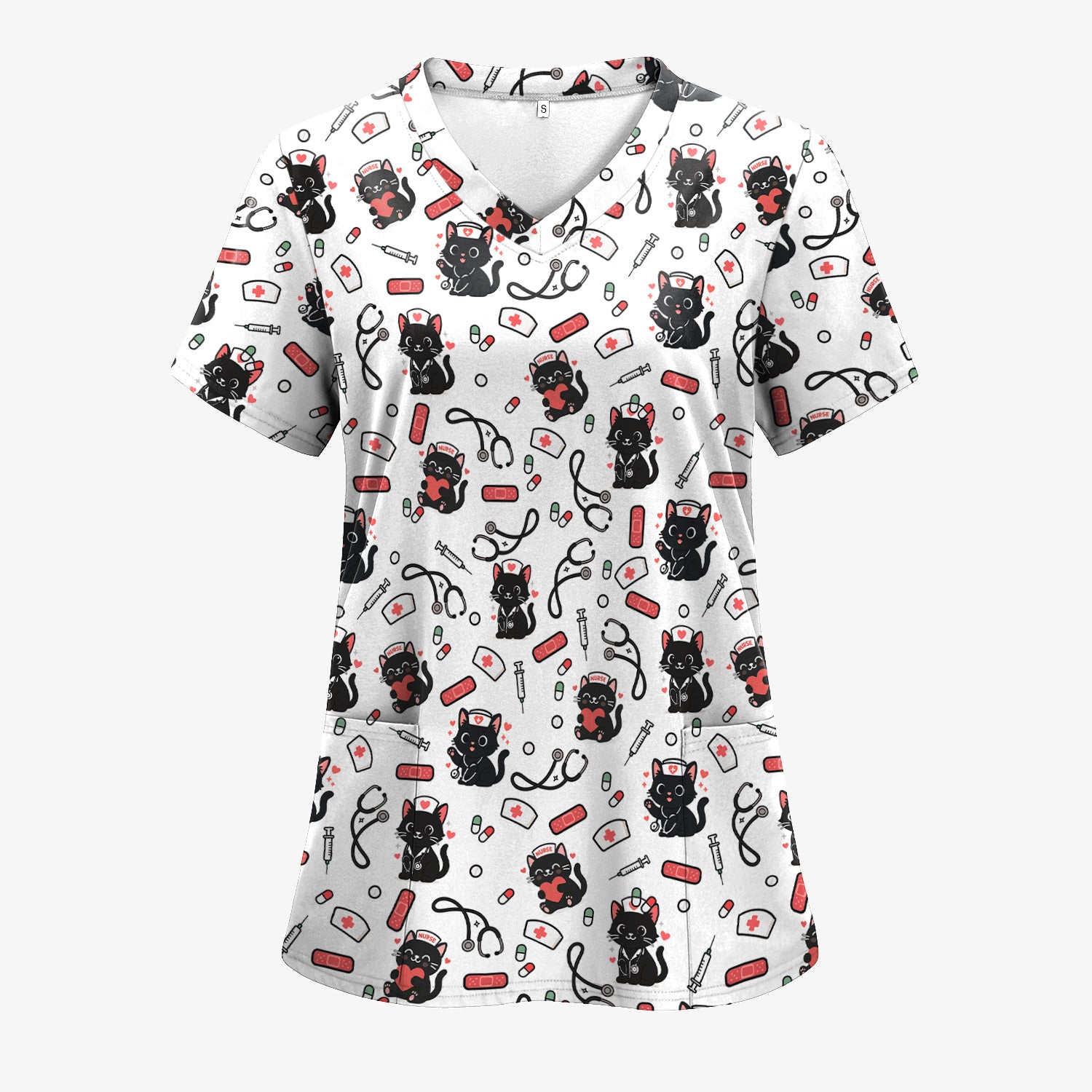 Cute Black Cat Nurse Scrub Top for Women - Medical Uniform Shirt with Stethoscope & Pill Print - Gift for CNA, LPN, Medical Worker