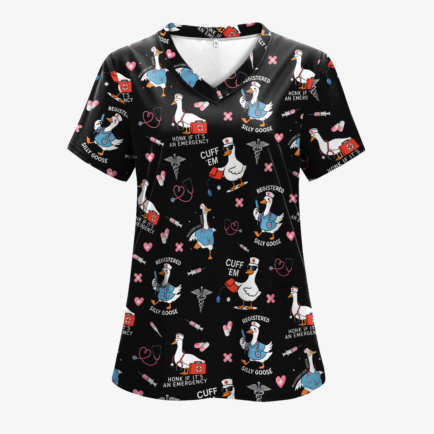 Funny Goose Nurse Scrub Top for Women - Medical Uniform Shirt with Stethoscope & Heart Print - Fun Gift for RN CNA LPN