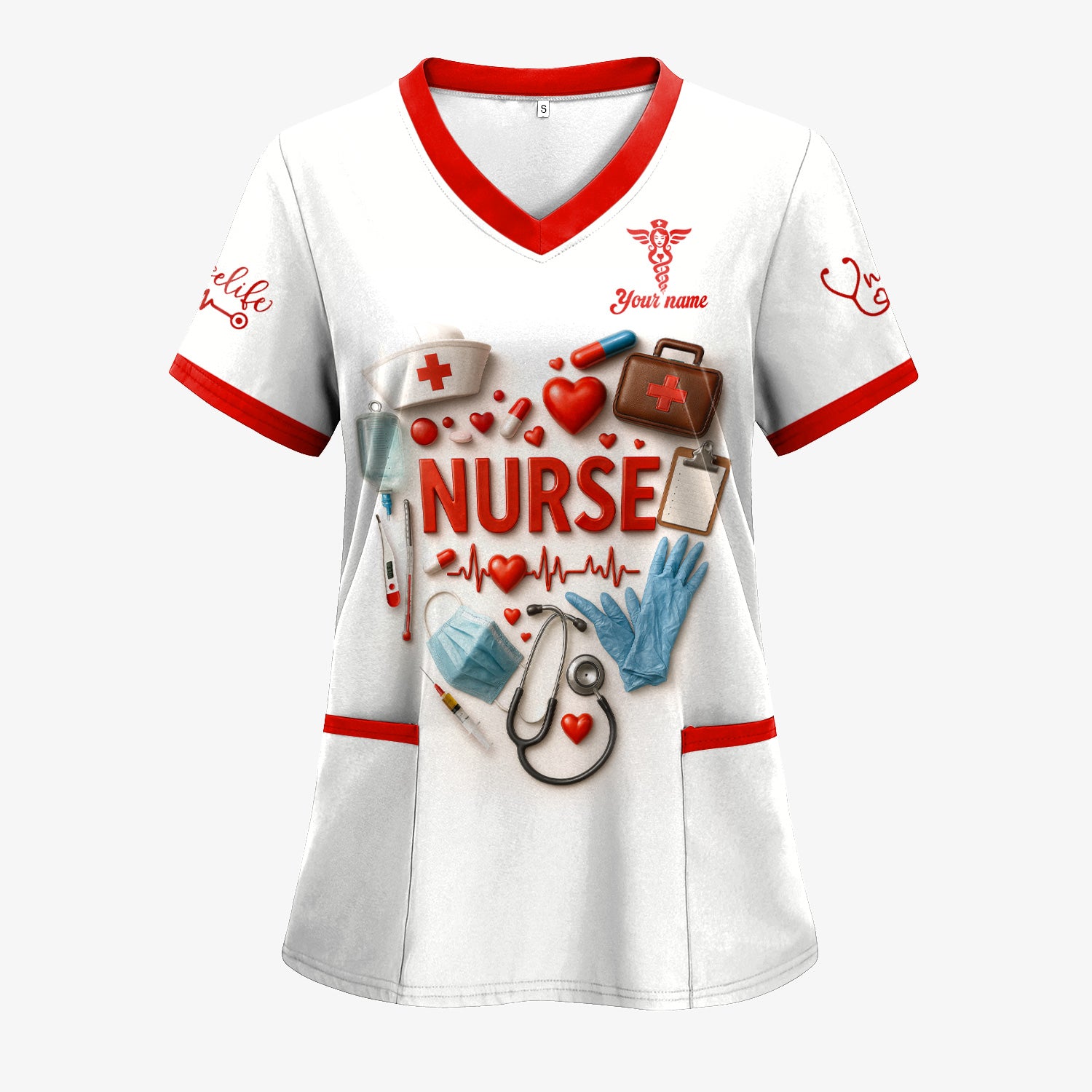Custom Nurse Scrubs - Medical Tools & Heartbeat Graphic - Personalized Scrubs for RN CNA LPN Healthcare Workers