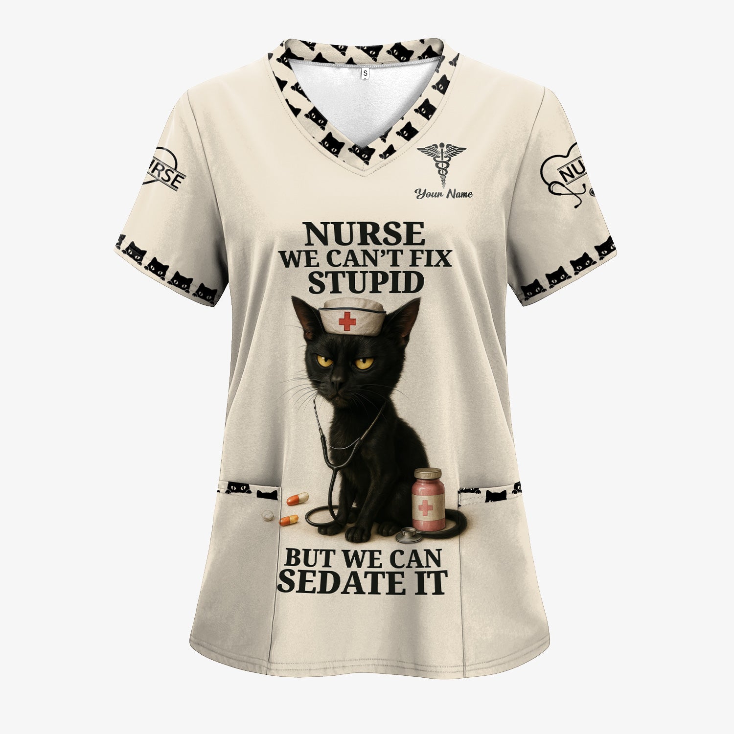 Custom Nurse V-Neck Scrub Shirt - Hilarious Cat Graphic with Medical Quote - Gift for Registered Nurse LPN CNA Women