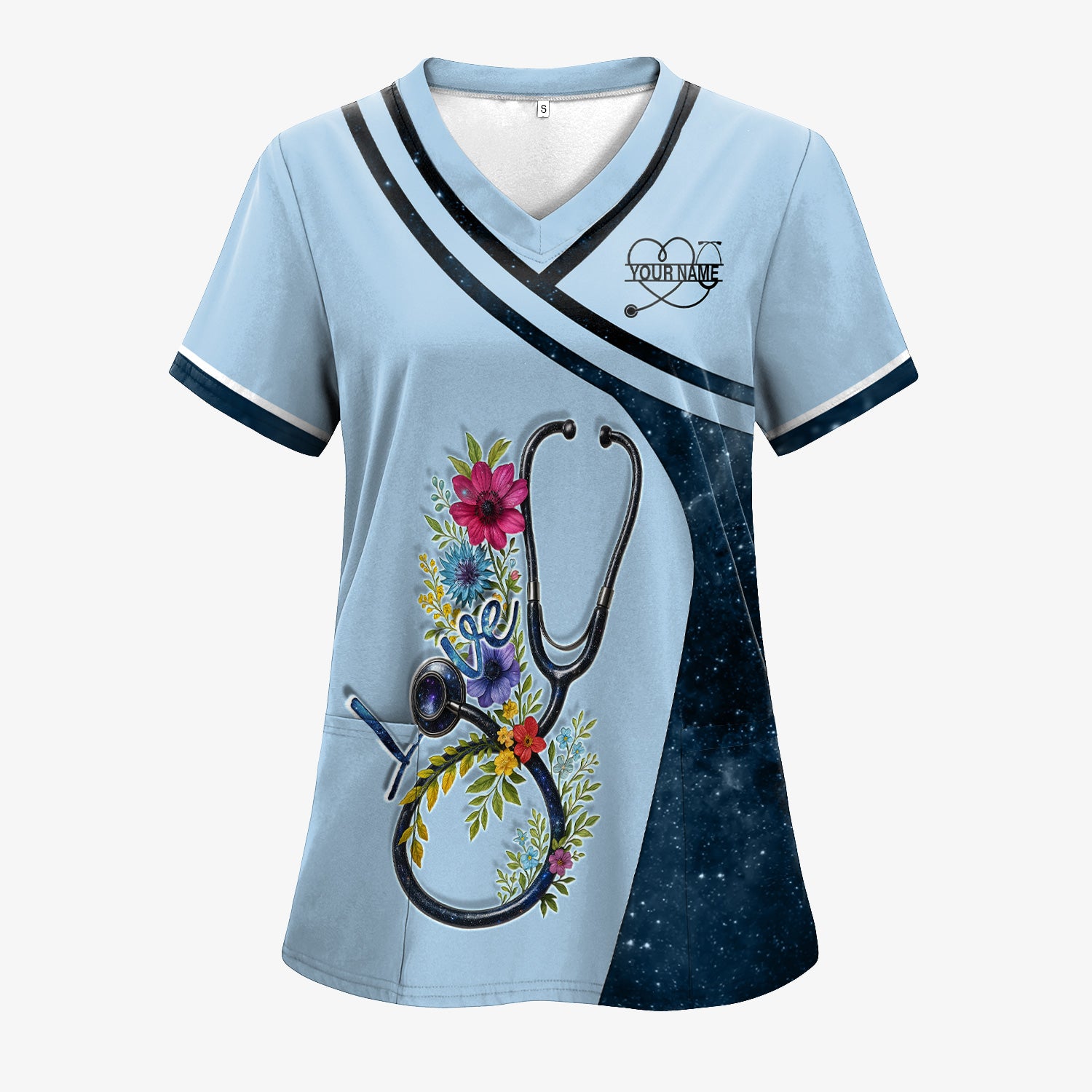 Personalized Nurse Love T-Shirt - Floral Stethoscope Galaxy Design - Custom Gift for RN LPN CNA Healthcare Workers