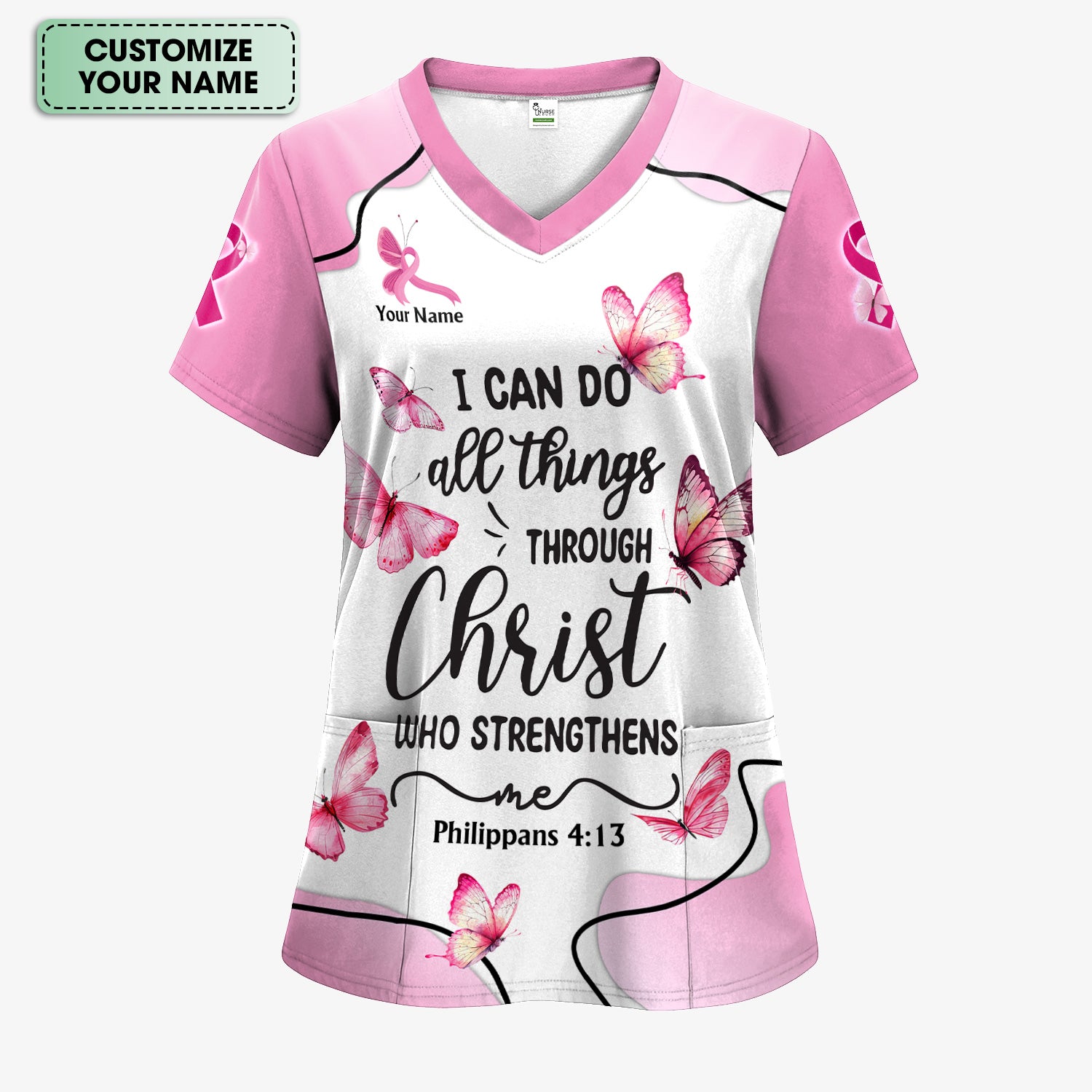 Personalized Christian Butterfly Scrub Top for Nurse -  Bible Verse All Things Through Christ - Gift for RN LPN CNA