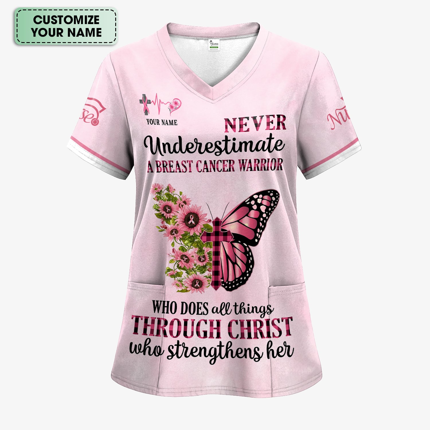 Personalized Breast Cancer Warrior Shirt  - Christian Faith Quote & Pink Butterfly Design - Gift for Women RN LPN CNA
