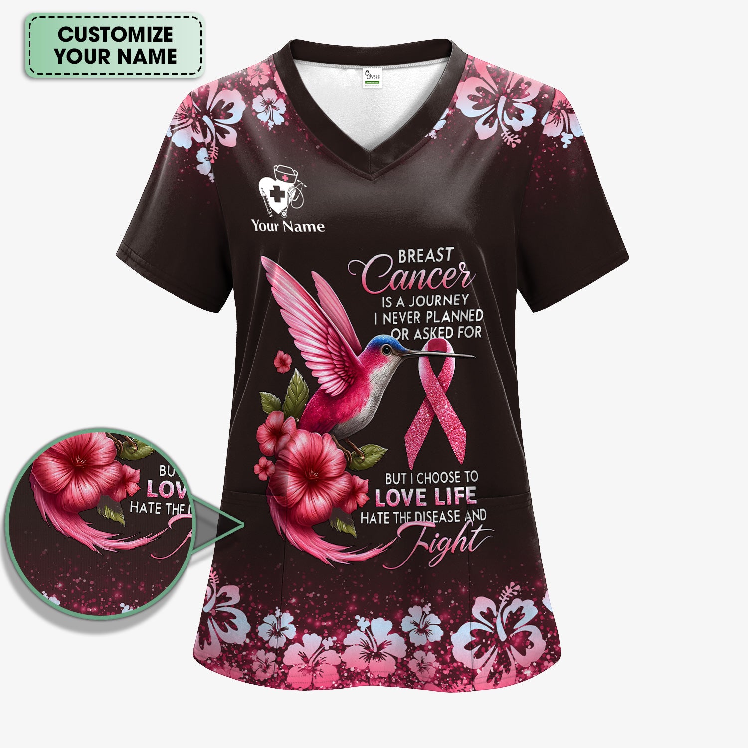Custom Breast Cancer Awareness Shirt - Hummingbird Pink Ribbon Graphic Tee - Gift for RN LPN CNA