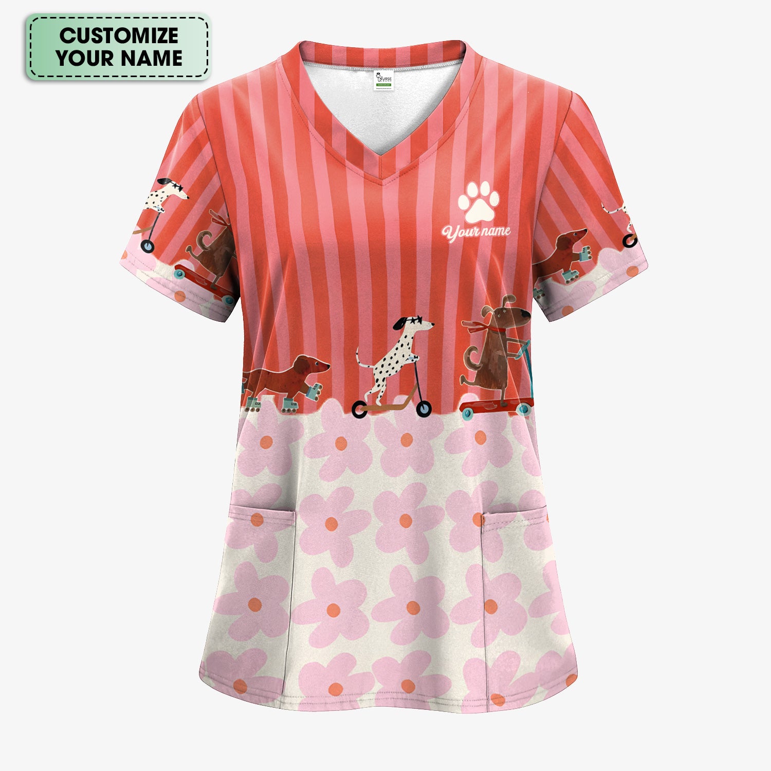 Personalized Cute Dog Roller Skate Flower Pattern Scrub Top, Comfortable Scrubs for Nurses