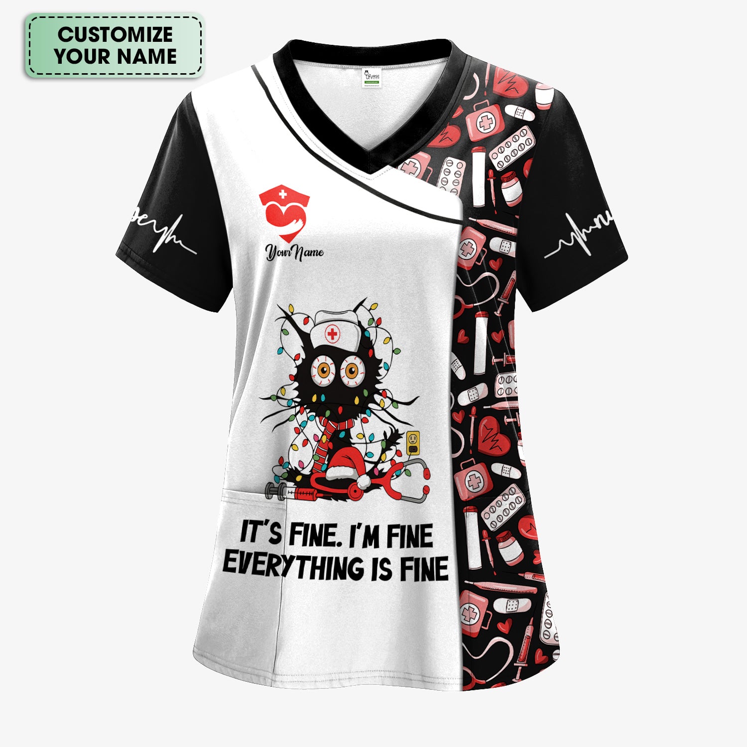 Custom Funny Nurse Christmas Scrub Top - Everything Is Fine Sarcastic Black Cat Design - Holiday Gift for Women RN LPN ER