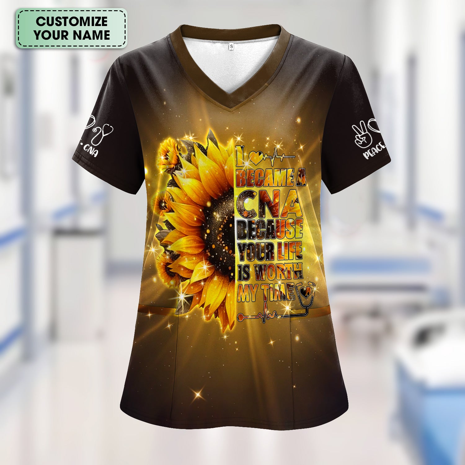 Personalized CNA Sunflower Scrub Top - Your Life Is Worth My Time Design - Gift for RN LPN Healthcare Workers