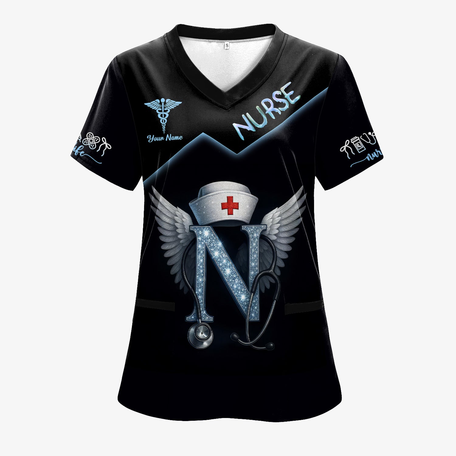 Funny Nurse T-shirt with Glowing 'N' Design - Customizable with Stethoscope & Wings Design - Perfect for RN, CNA, LPN, Healthcare Professionals