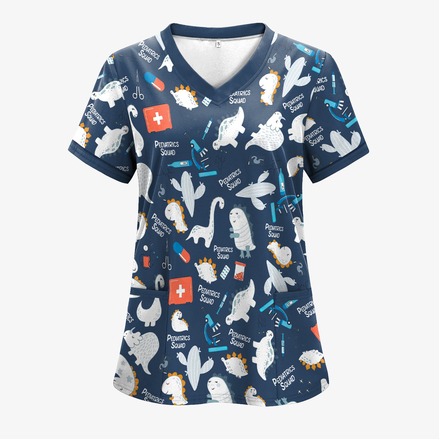 Personalized Pediatric Nurse Scrubs for Women - Cute Dino Print Medical Shirt - Gift for RN, CNA, LPN, Medical Staff