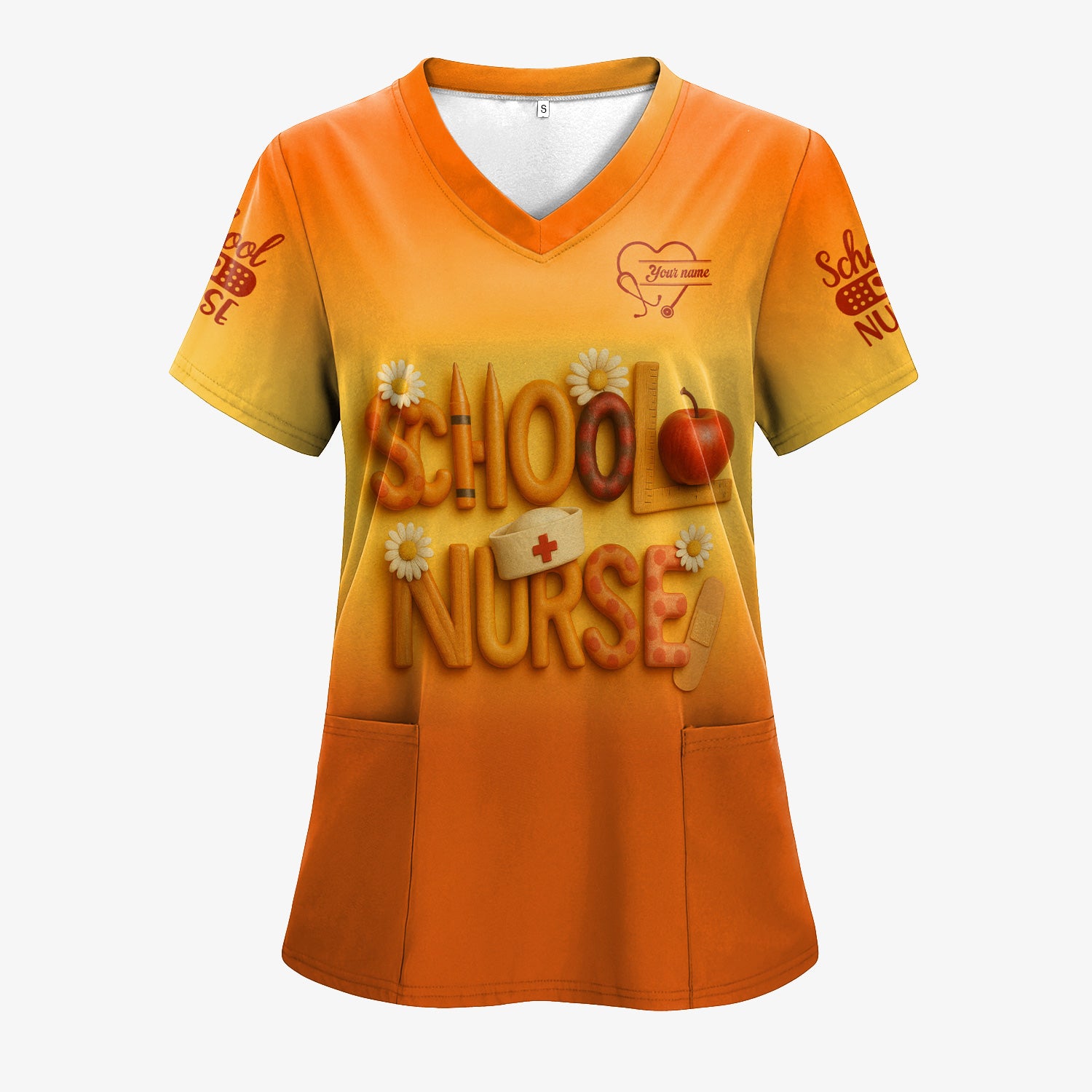Custom School Nurse Scrub Top - Cute Apple Pencil Design with Bandages and Daisies - Back to School Gift for RN LPN Healthcare Workers