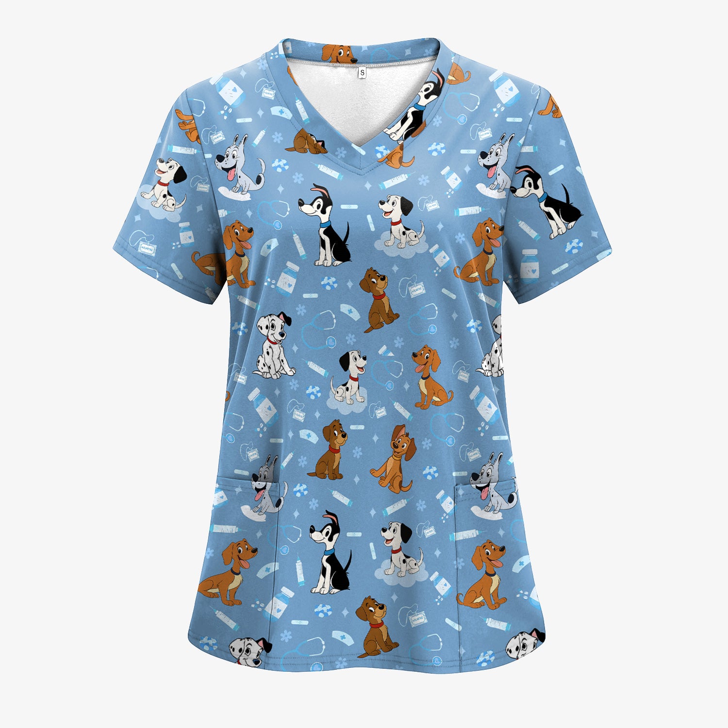 Cute Cartoon Dog Scrubs Top - Fun Puppy Pattern Medical Shirt for Veterinarians, Vet Techs, Animal Lovers - Pet Care Workwear Gift