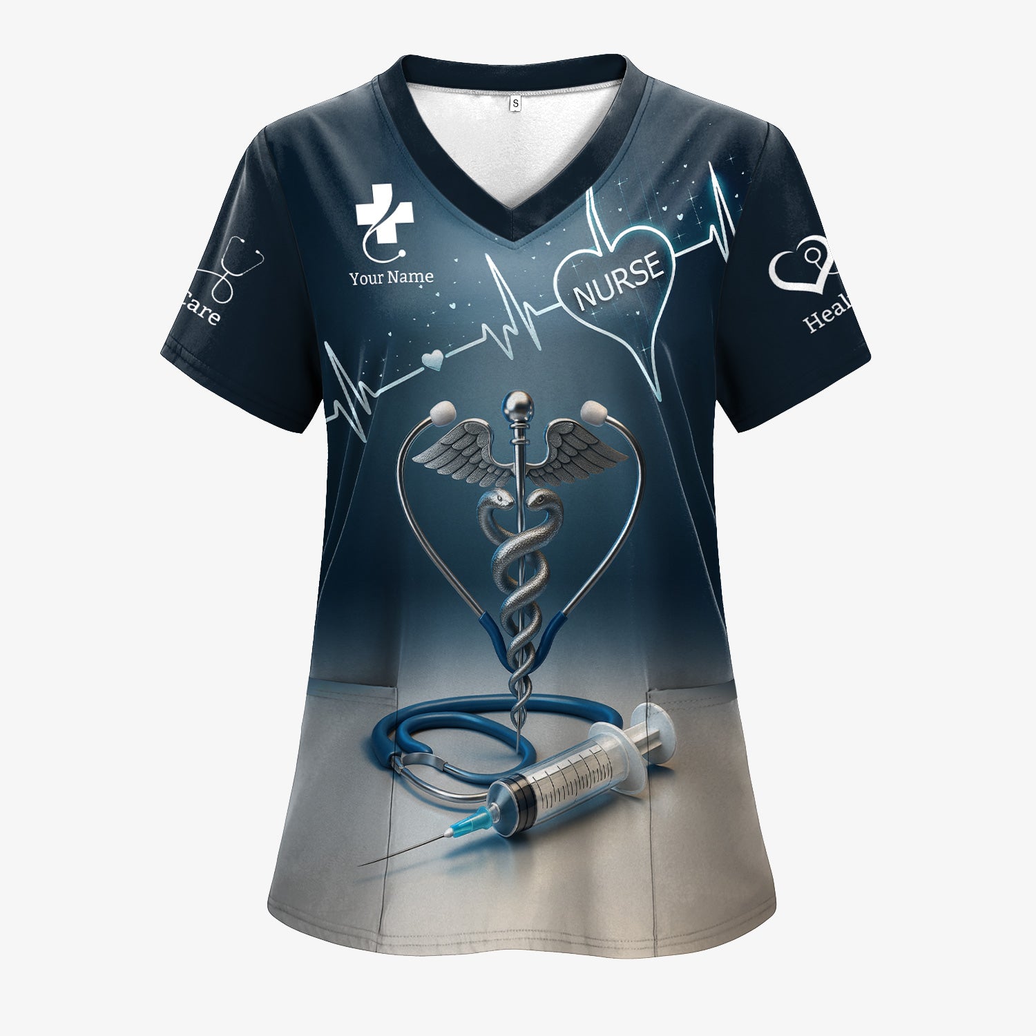Personalized Nurse Scrubs with Caduceus Heartbeat Syringe - Custom Name Medical Apparel for RN CNA LPN - Gift for Healthcare Workers