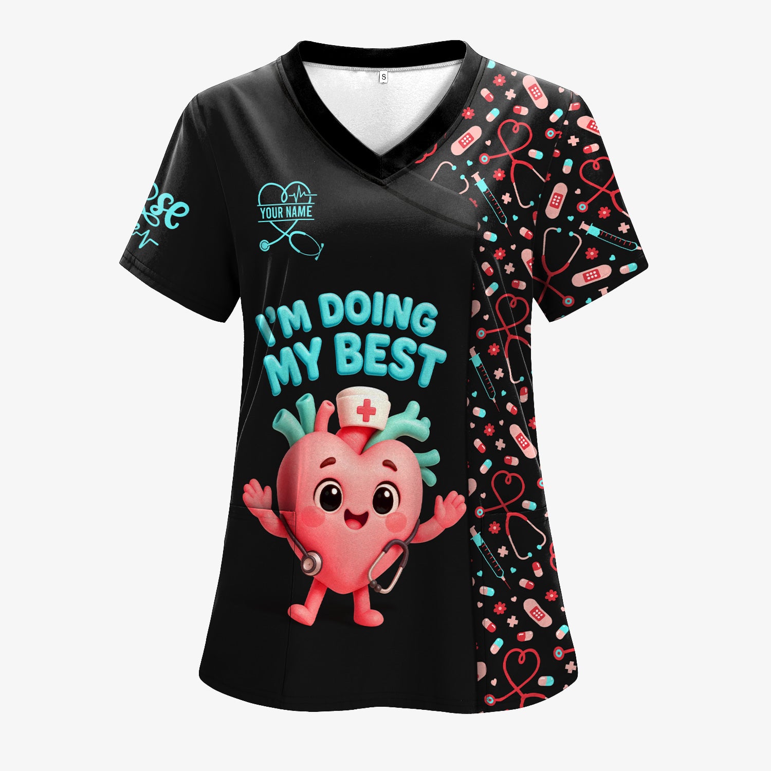 Funny Custom Nurse Scrub Top with Heart - I'm Doing My Best Quote & Cute Medical Icons - Personalized Gift for RN, LPN, CNA