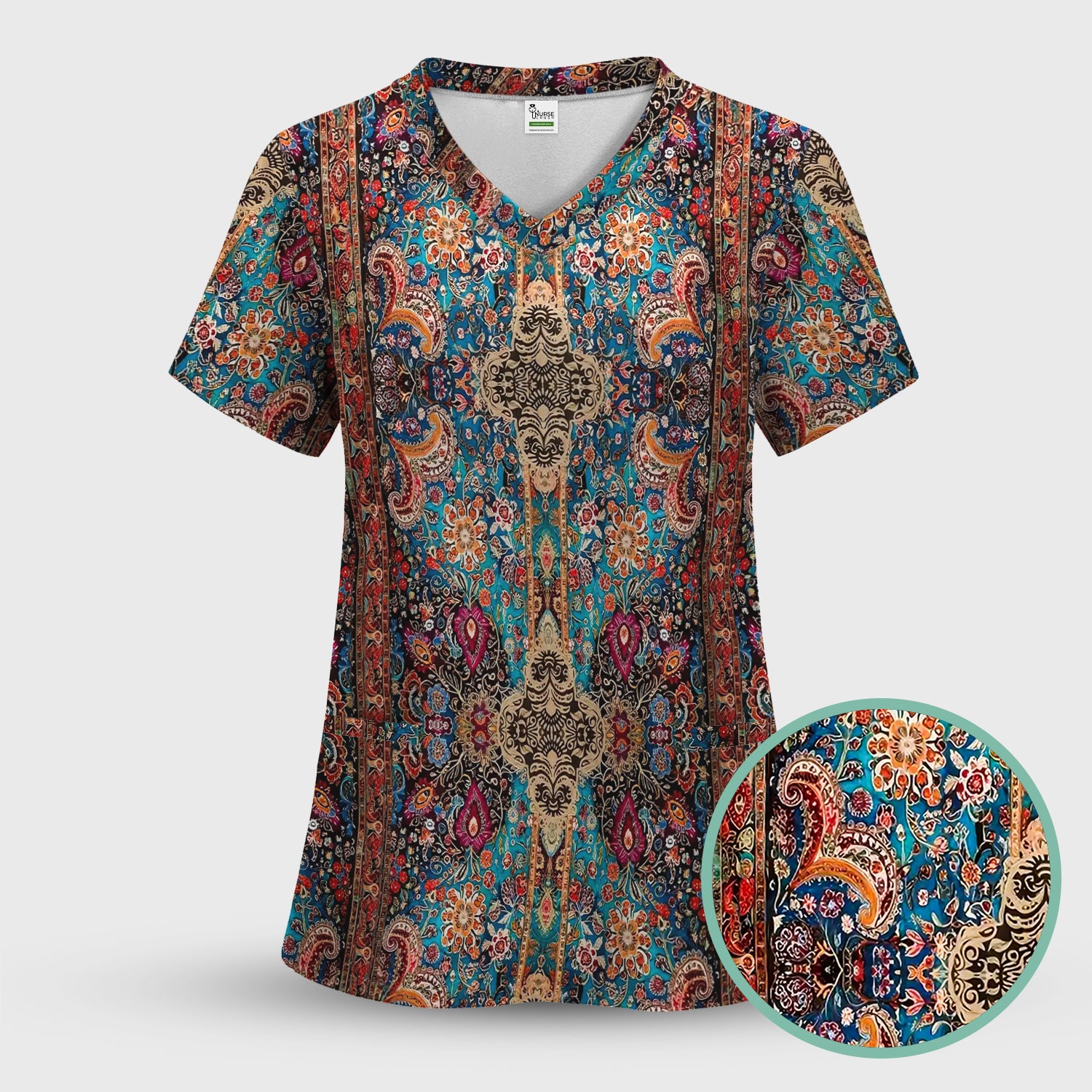 Artistic Bohemian Nurse Scrub Top - Colorful Tapestry & Boho Pattern Design - Thoughtful Gift for Women RN LPN & Healthcare Workers