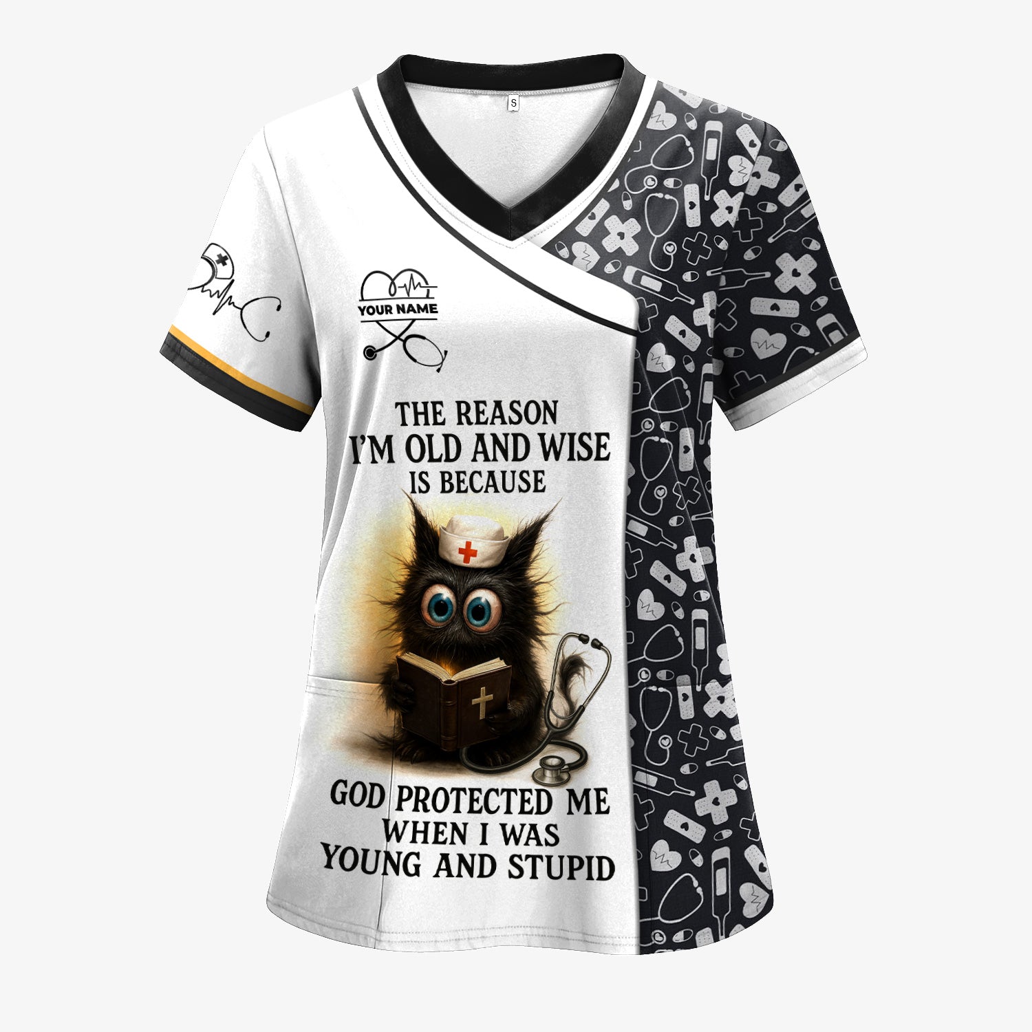 Custom Name Christian Nurse Scrub Shirt - Bible and Medical Tools Design for RN LPN CNA - Personalized Nursing Healthcare Gift